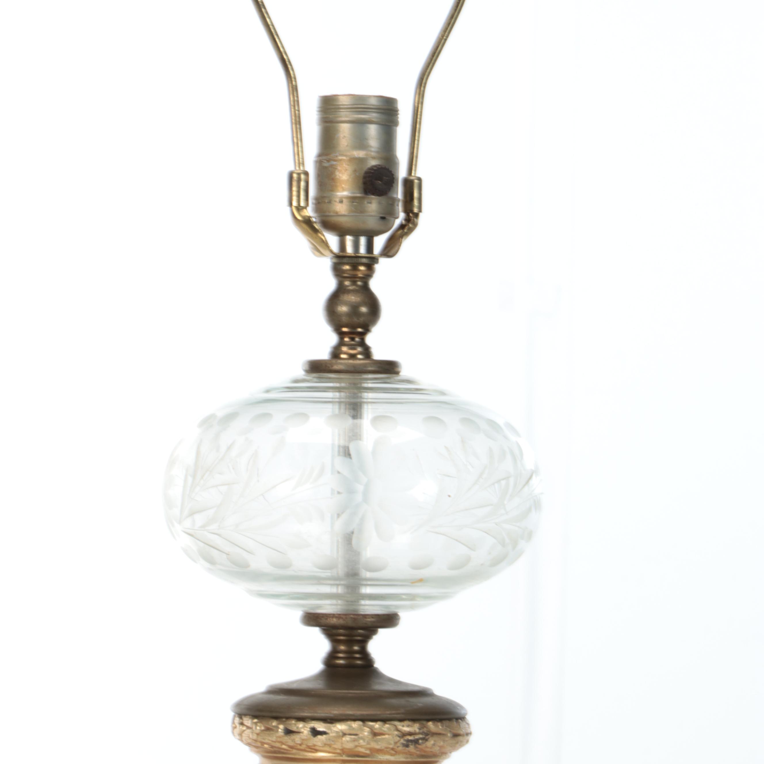 Victorian Style Floral Etched Glass Lamp, Early to Mid-20th Century