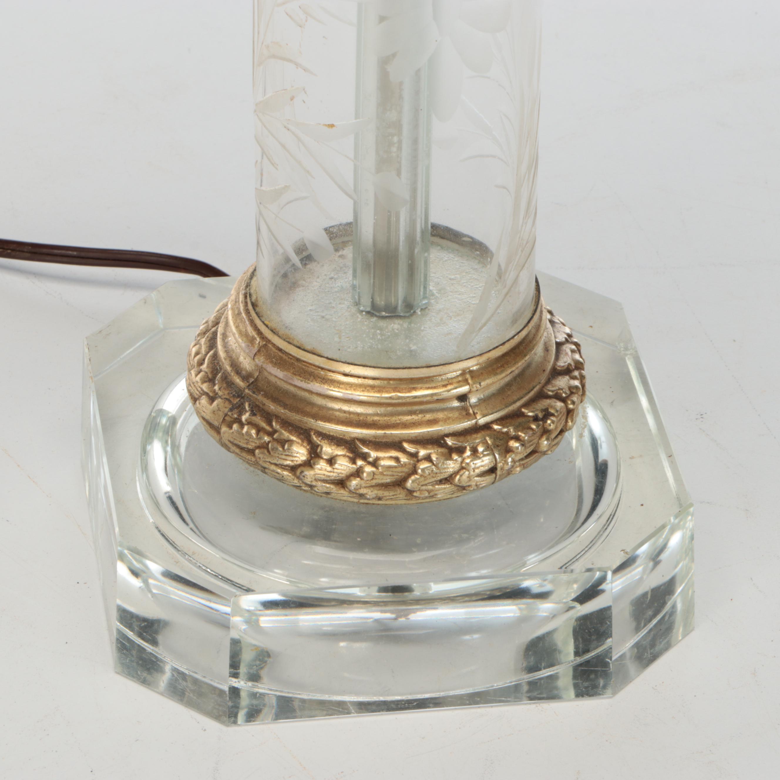 Victorian Style Floral Etched Glass Lamp, Early to Mid-20th Century
