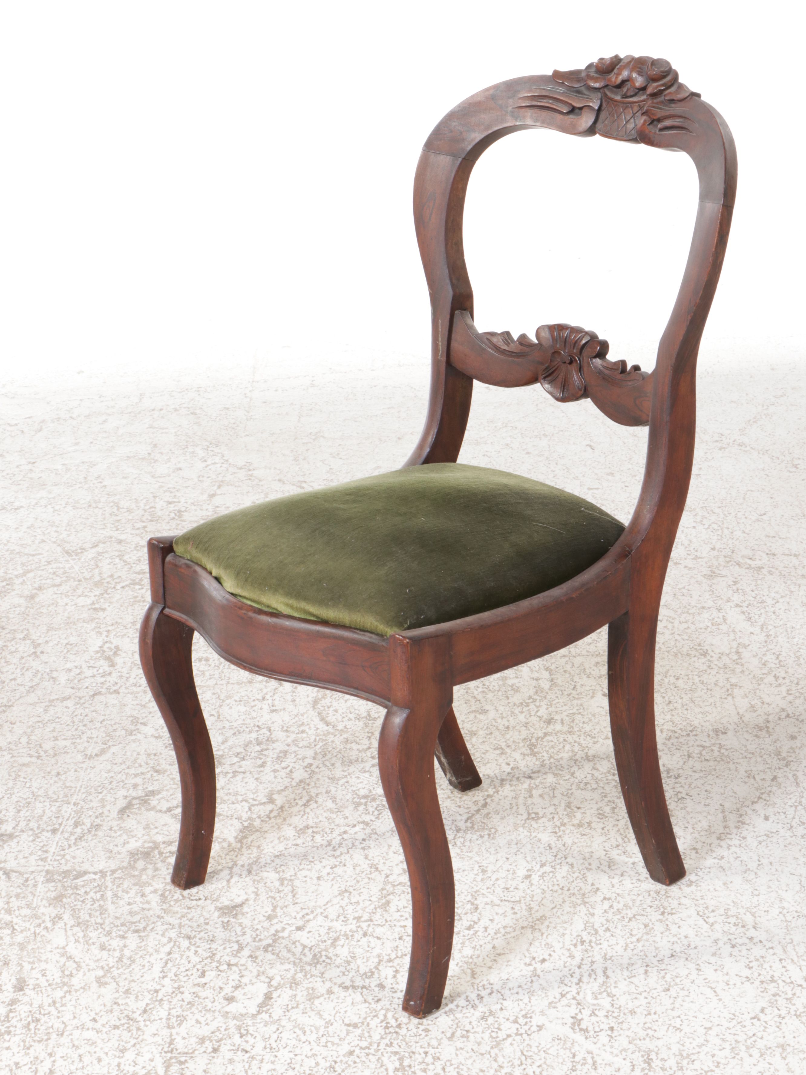 Victorian Carved Walnut Balloon-Back Side Chair with Green Velvet Seat