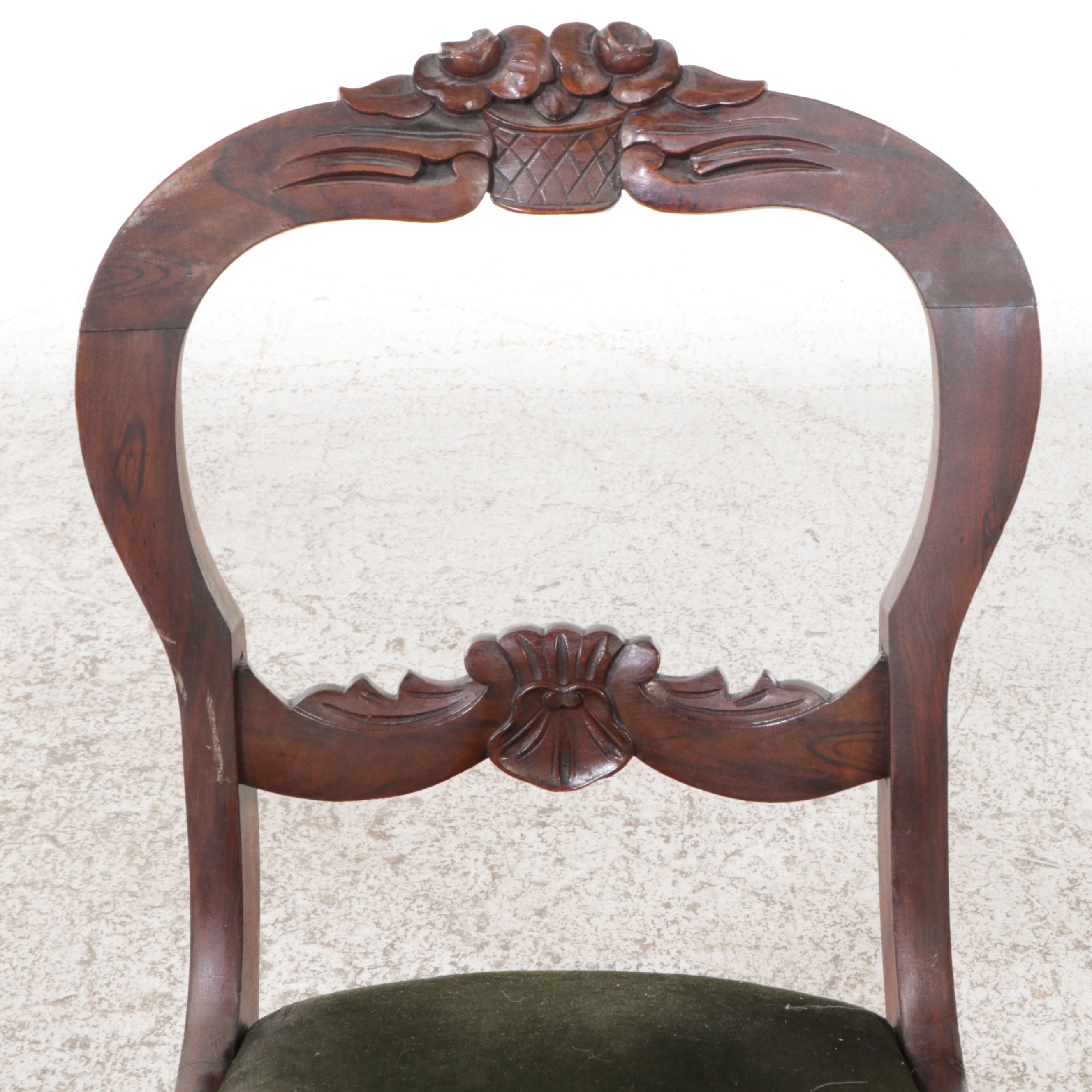 Victorian Carved Walnut Balloon-Back Side Chair with Green Velvet Seat
