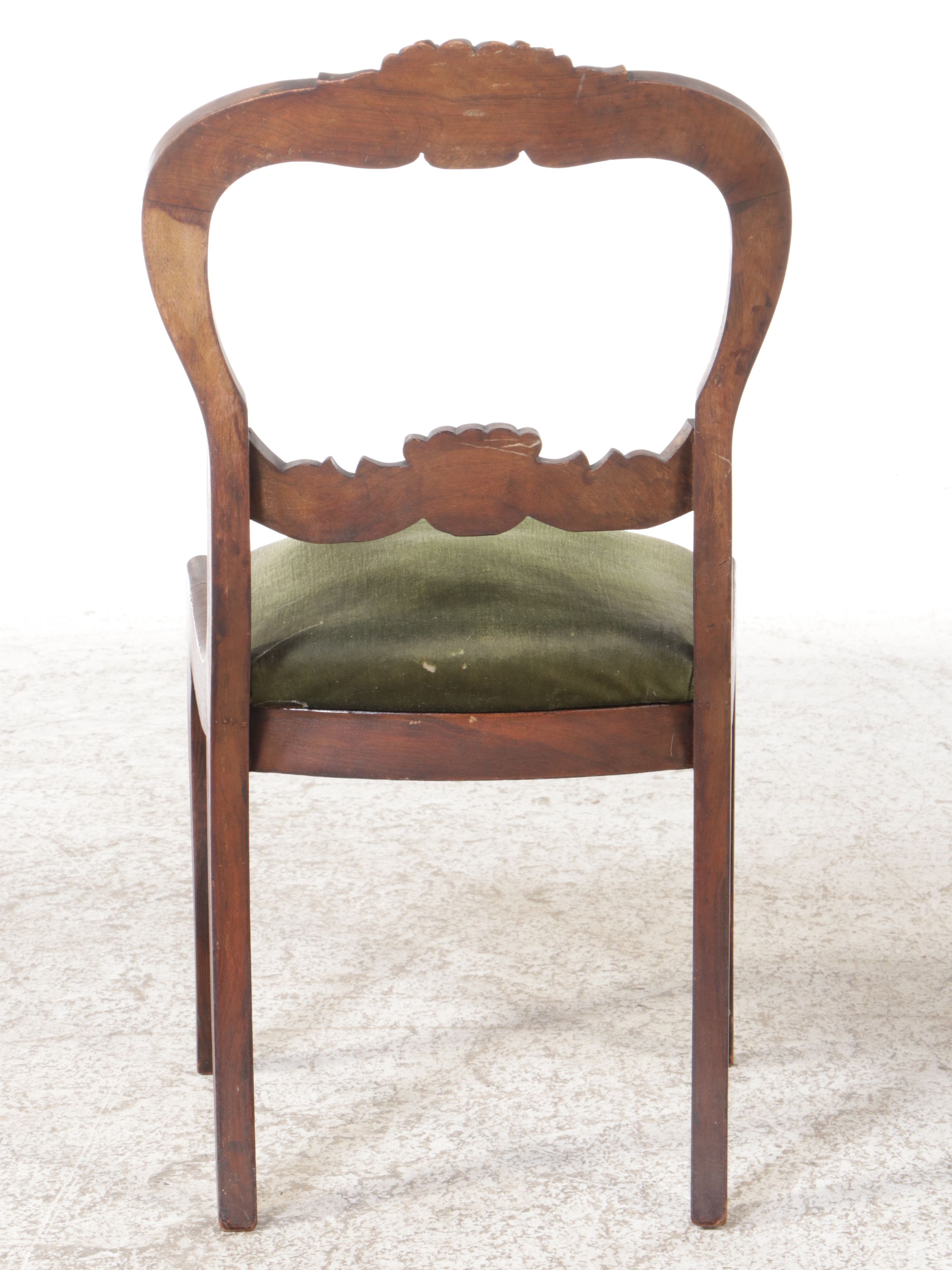 Victorian Carved Walnut Balloon-Back Side Chair with Green Velvet Seat