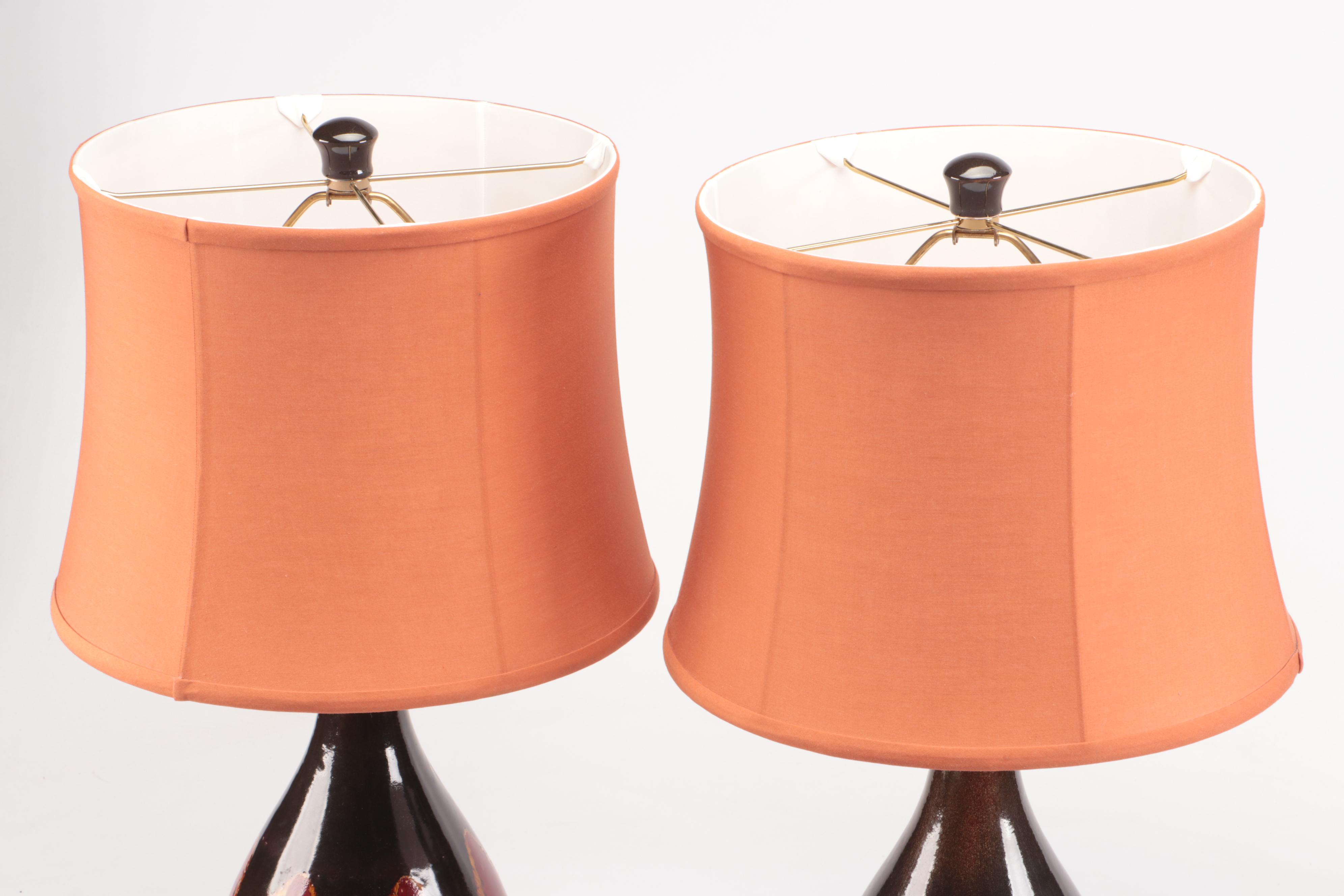 MCM Flambeau Glaze Ceramic Table Lamps with Tanner Kenzie Coral Shades