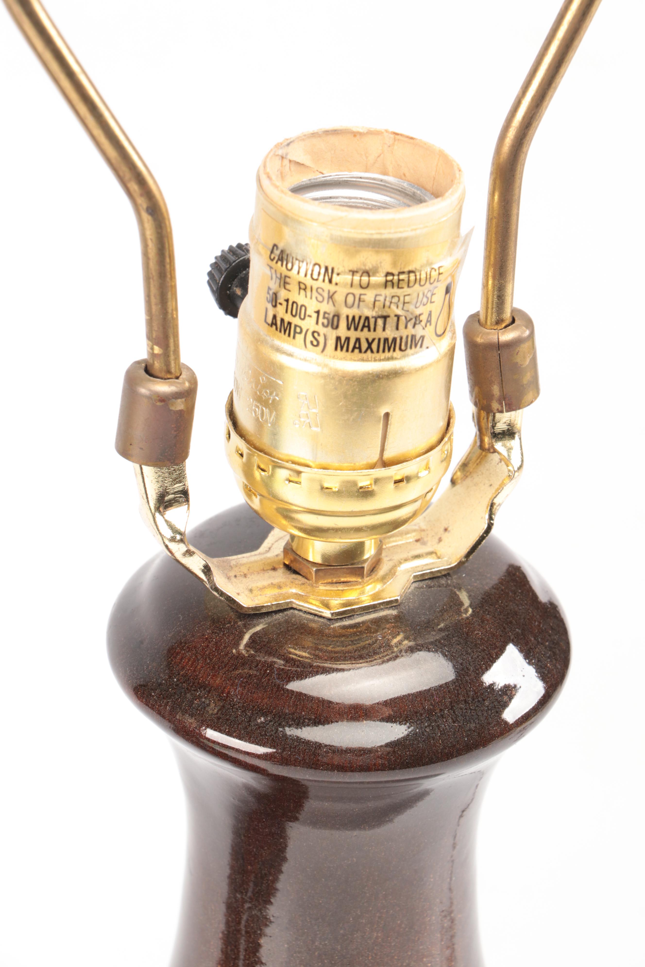 MCM Flambeau Glaze Ceramic Table Lamps with Tanner Kenzie Coral Shades