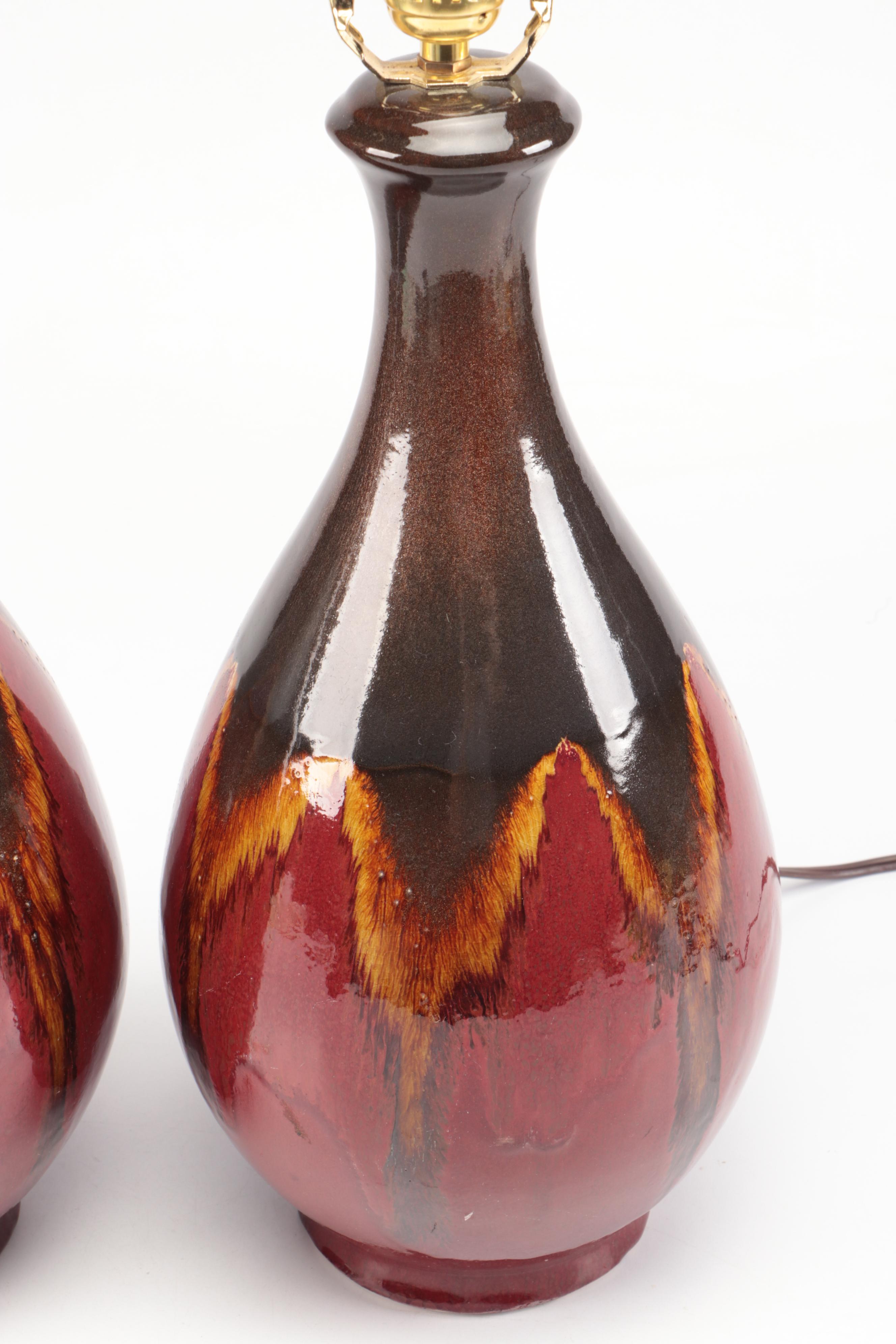 MCM Flambeau Glaze Ceramic Table Lamps with Tanner Kenzie Coral Shades