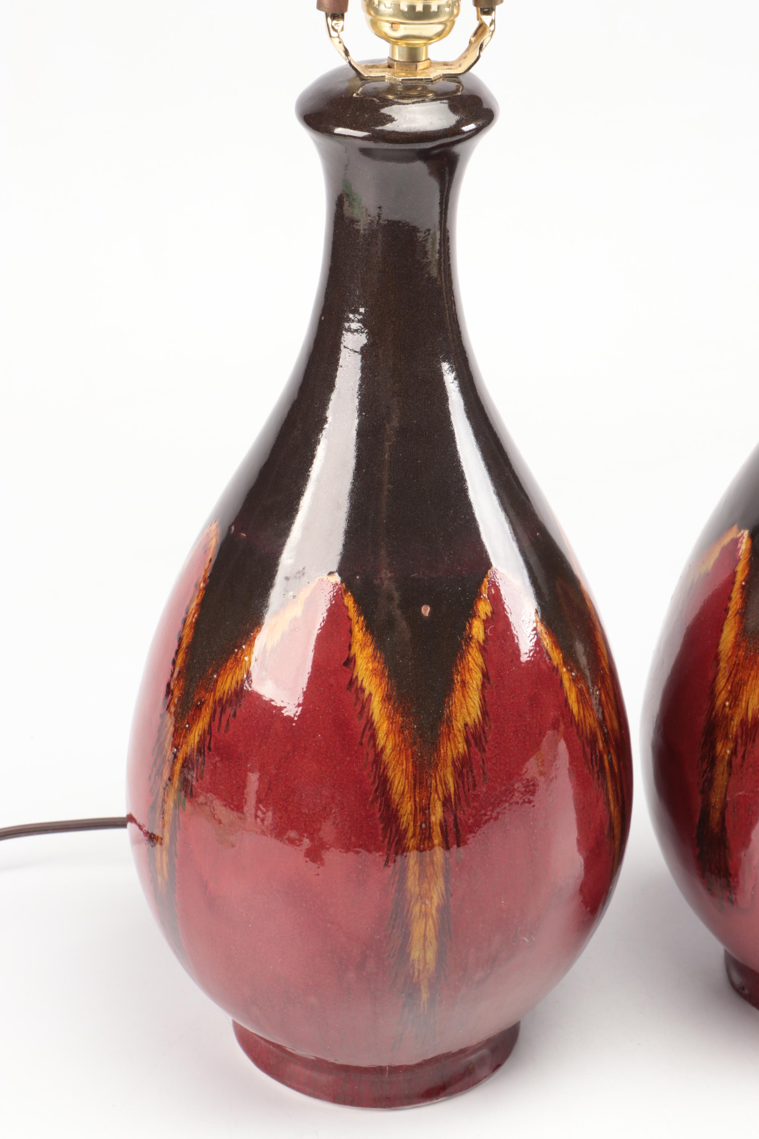 MCM Flambeau Glaze Ceramic Table Lamps with Tanner Kenzie Coral Shades