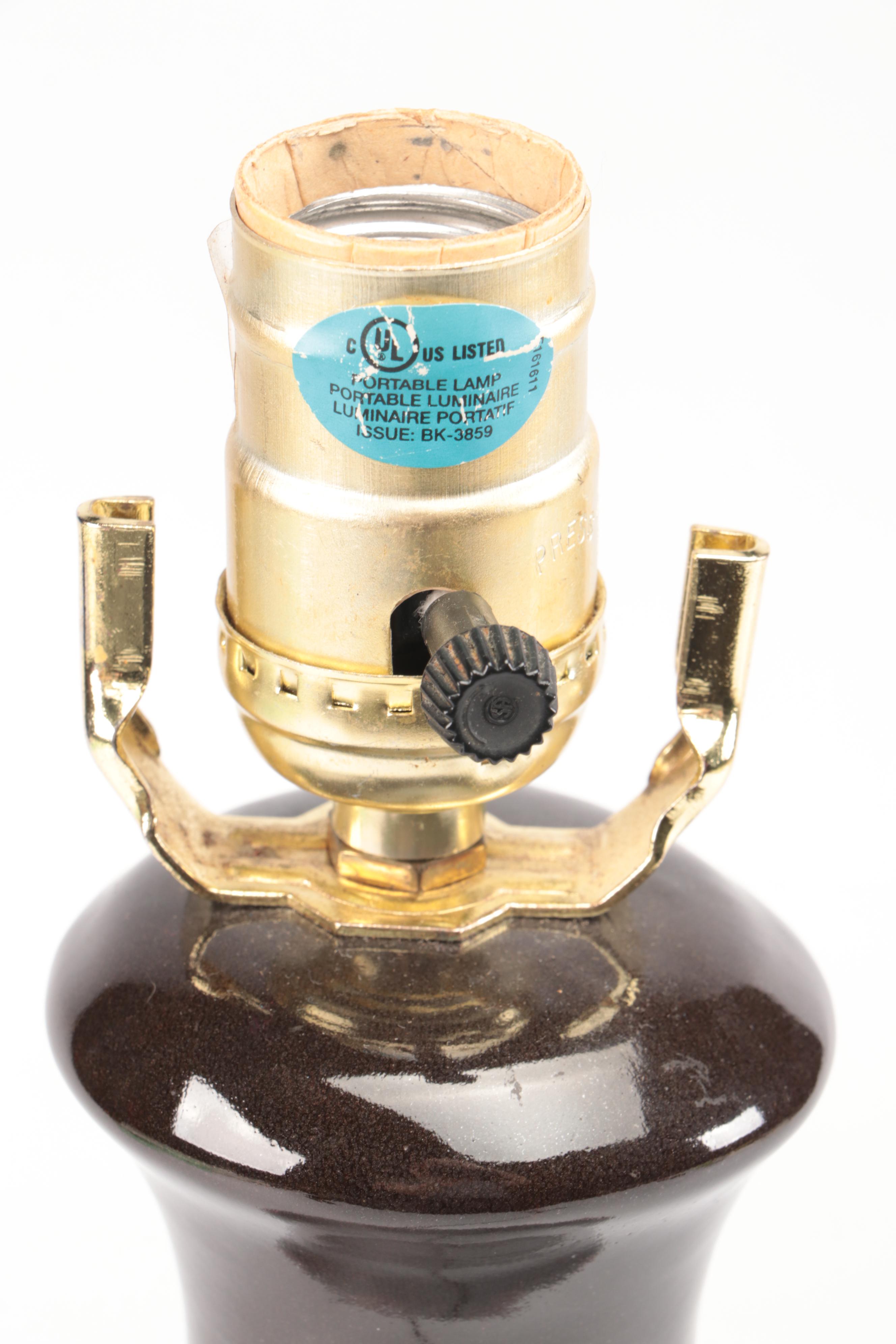 MCM Flambeau Glaze Ceramic Table Lamps with Tanner Kenzie Coral Shades