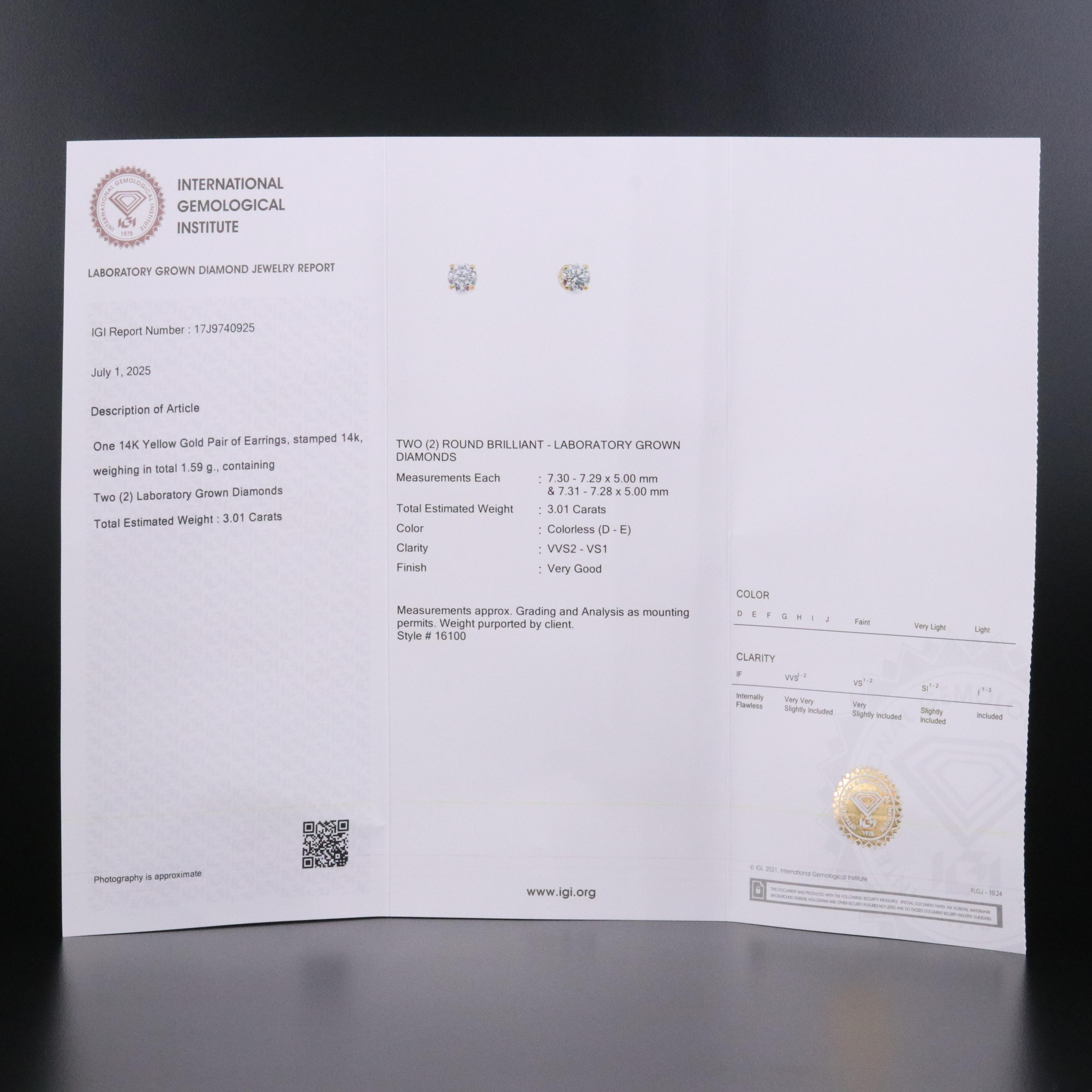 14K 3.01 CTW Lab Grown Diamond Solitaire Earrings with IGI Jewelry Report