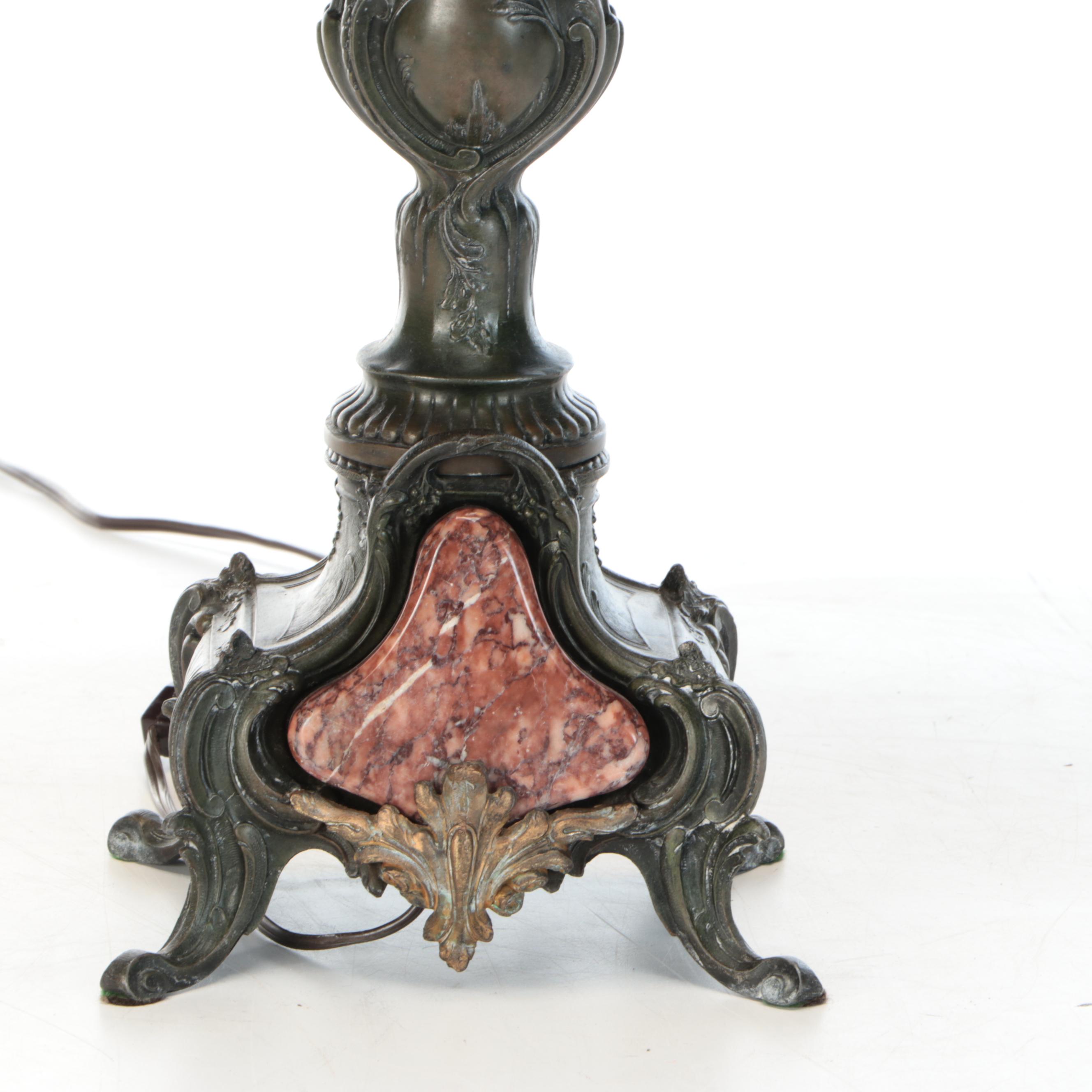 Rococo Style Bronze Table Lamp with Marble and Brass Accents with Black Shade
