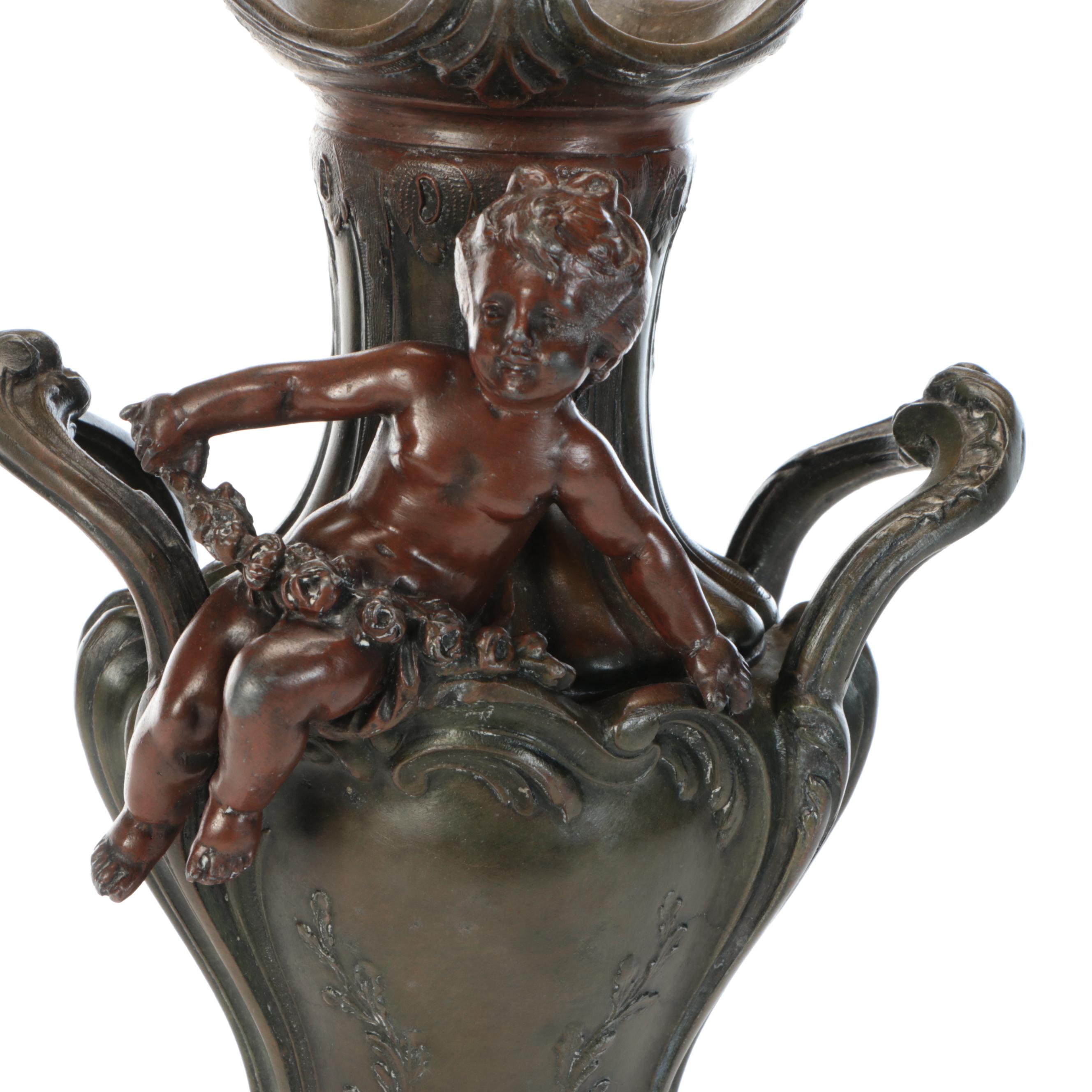 Rococo Style Bronze Table Lamp with Marble and Brass Accents with Black Shade