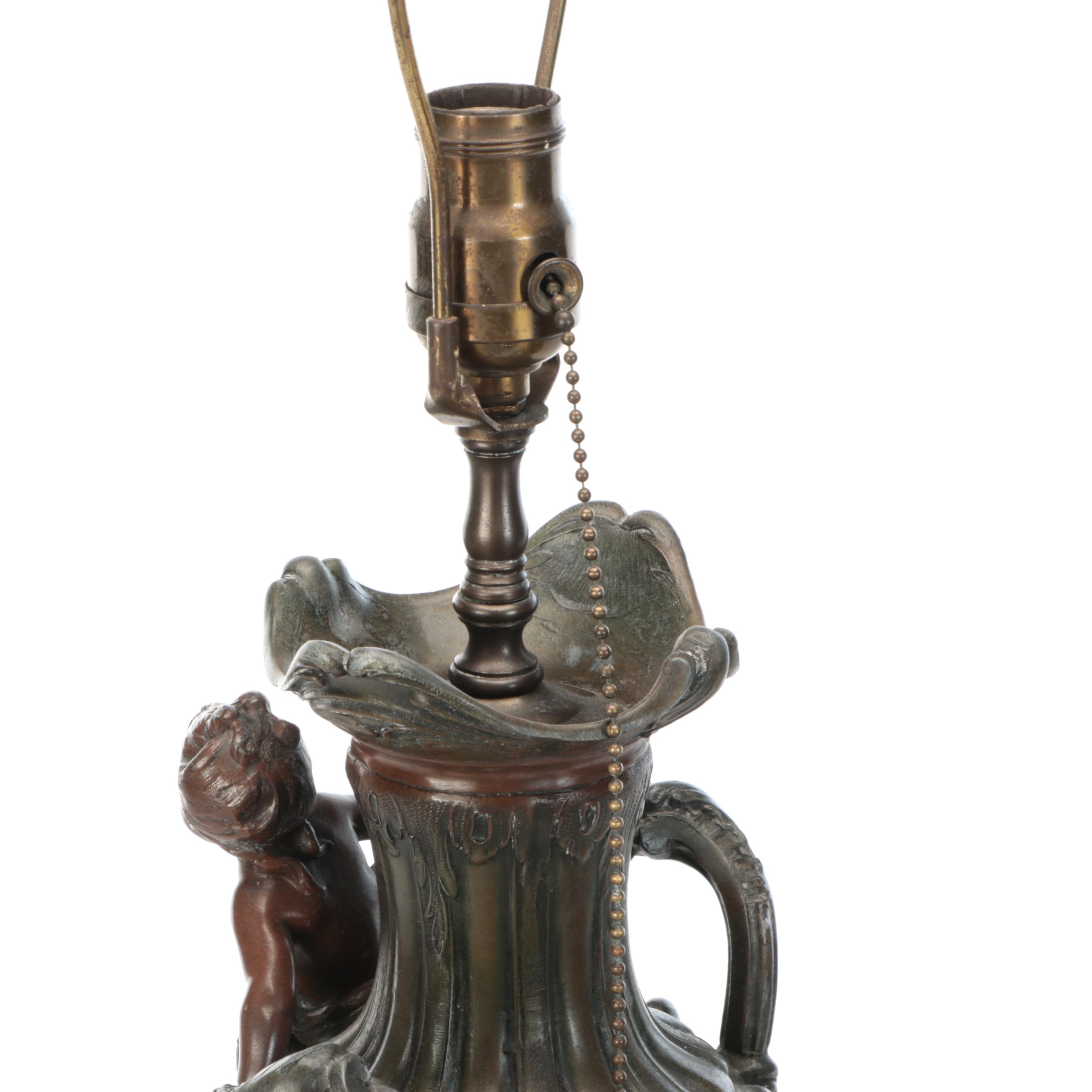 Rococo Style Bronze Table Lamp with Marble and Brass Accents with Black Shade