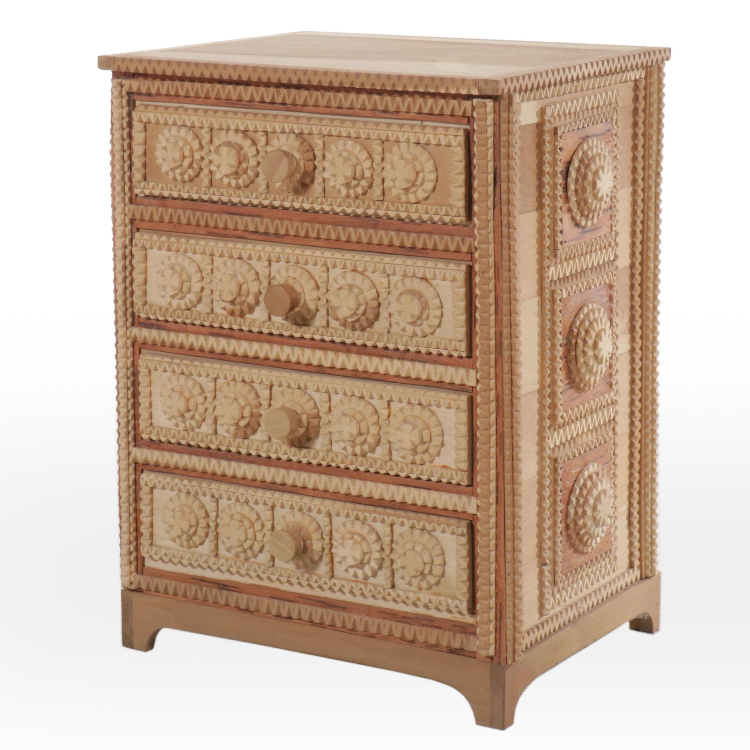 Robert Beaven American Folk Art Chip Carved Four-Drawer Chest, 20th Century