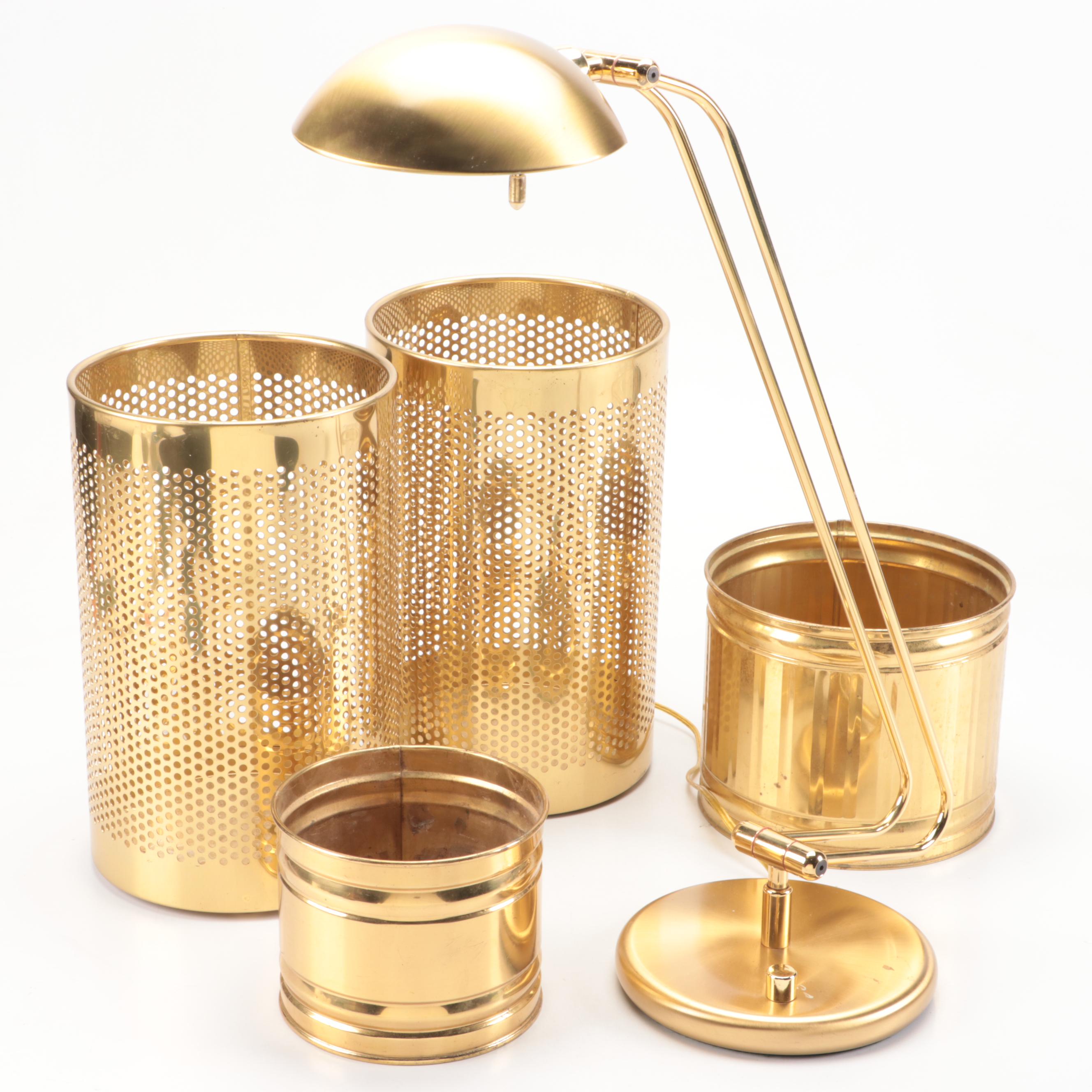 Brass Finish Table Lamp, Bristol Brass Planter, and More Brass Décor