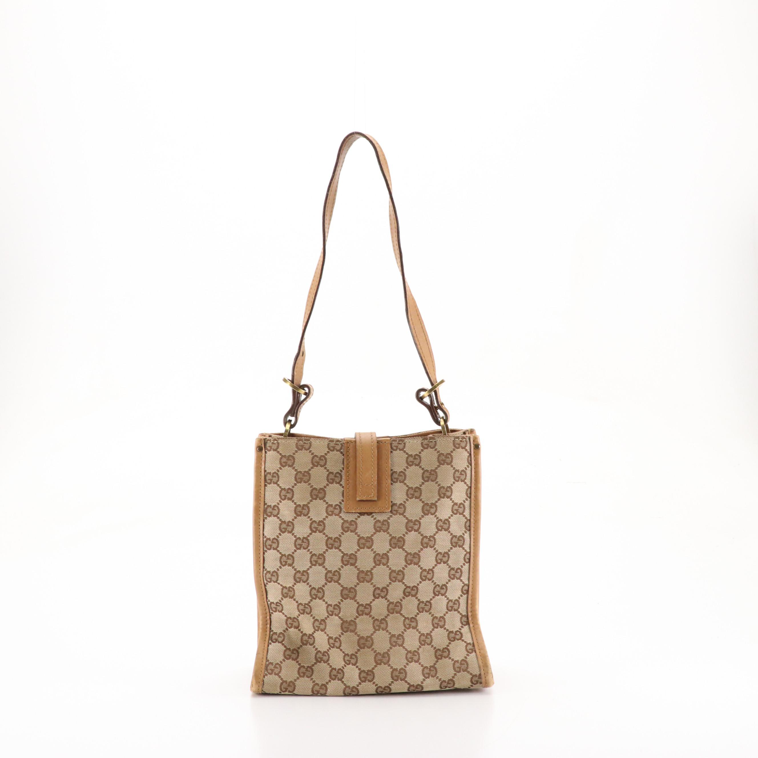 Gucci Vertical Tote in GG Canvas and Brown Leather Trim