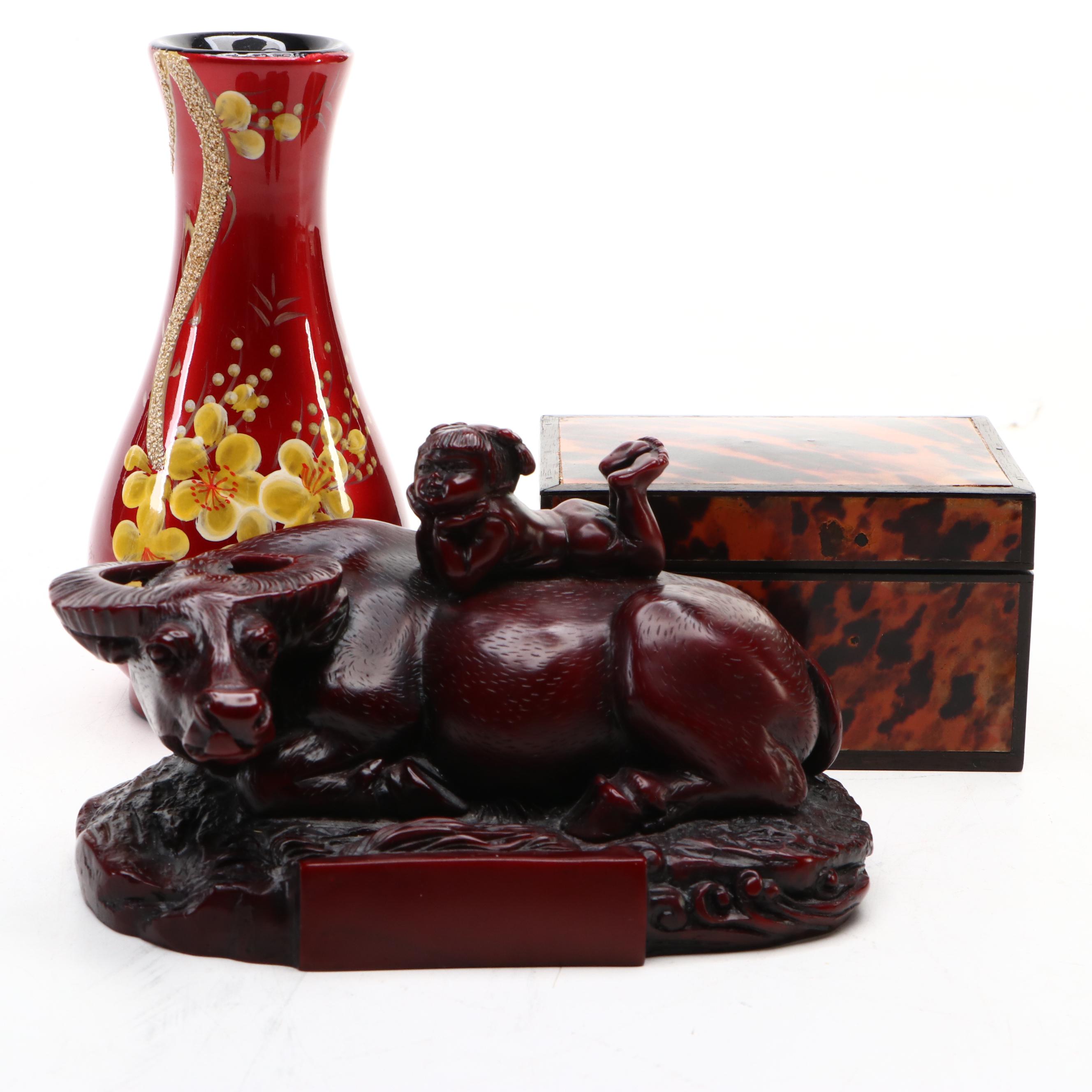 Faux Tortoiseshell Box, Chinese Resin Boy on Water Buffalo, & Hand-Painted Vase