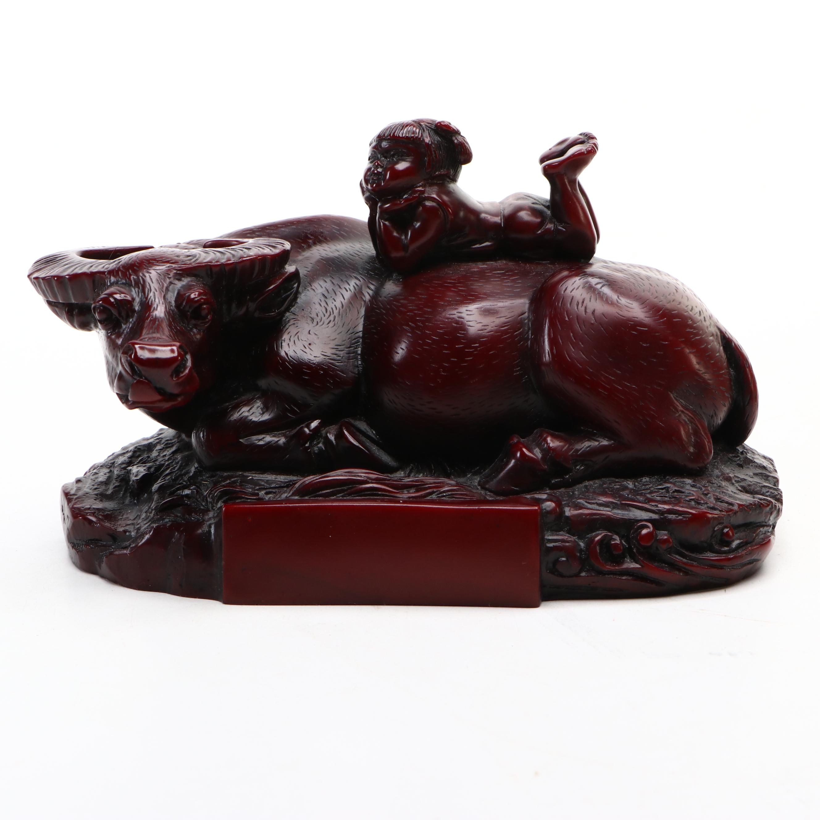 Faux Tortoiseshell Box, Chinese Resin Boy on Water Buffalo, & Hand-Painted Vase