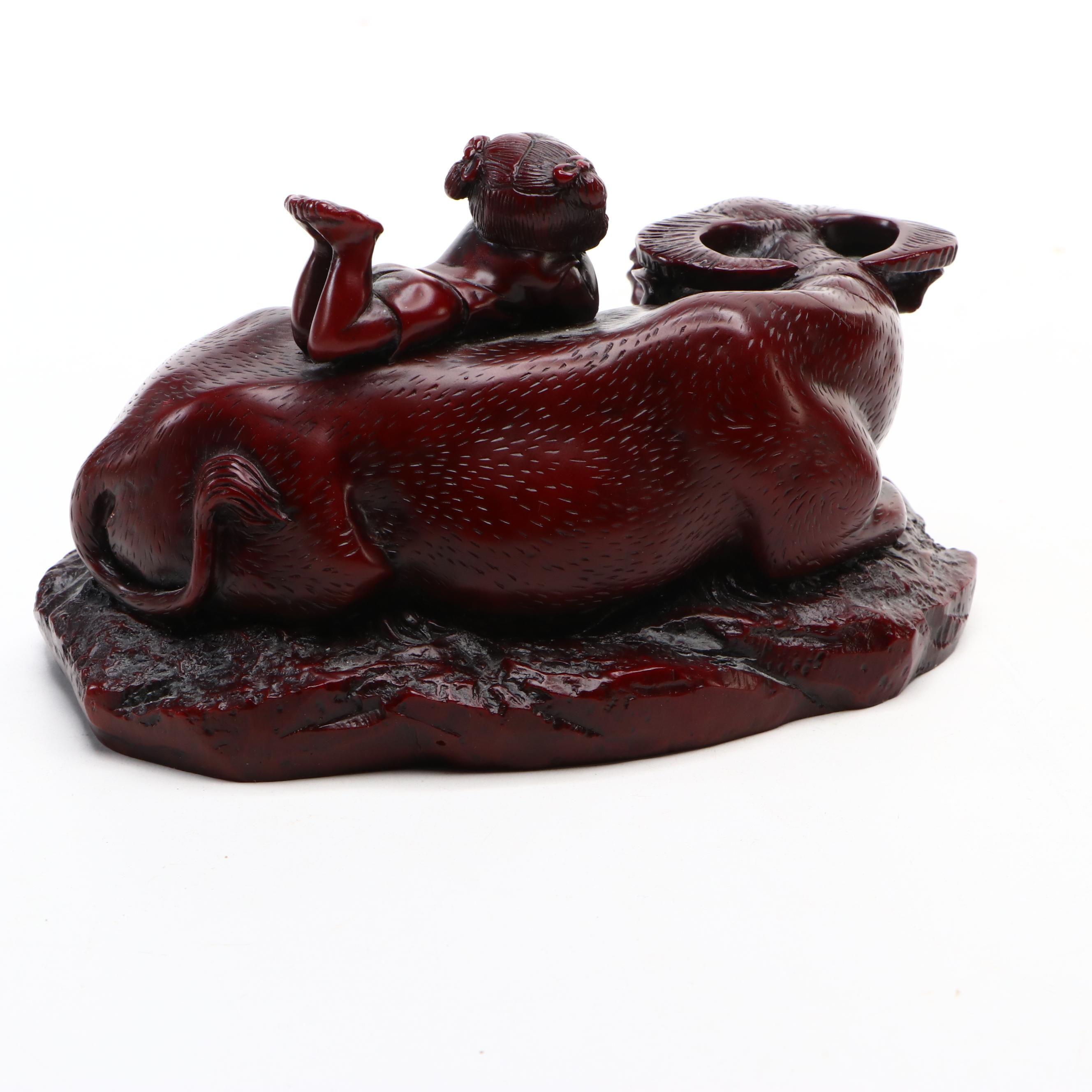 Faux Tortoiseshell Box, Chinese Resin Boy on Water Buffalo, & Hand-Painted Vase