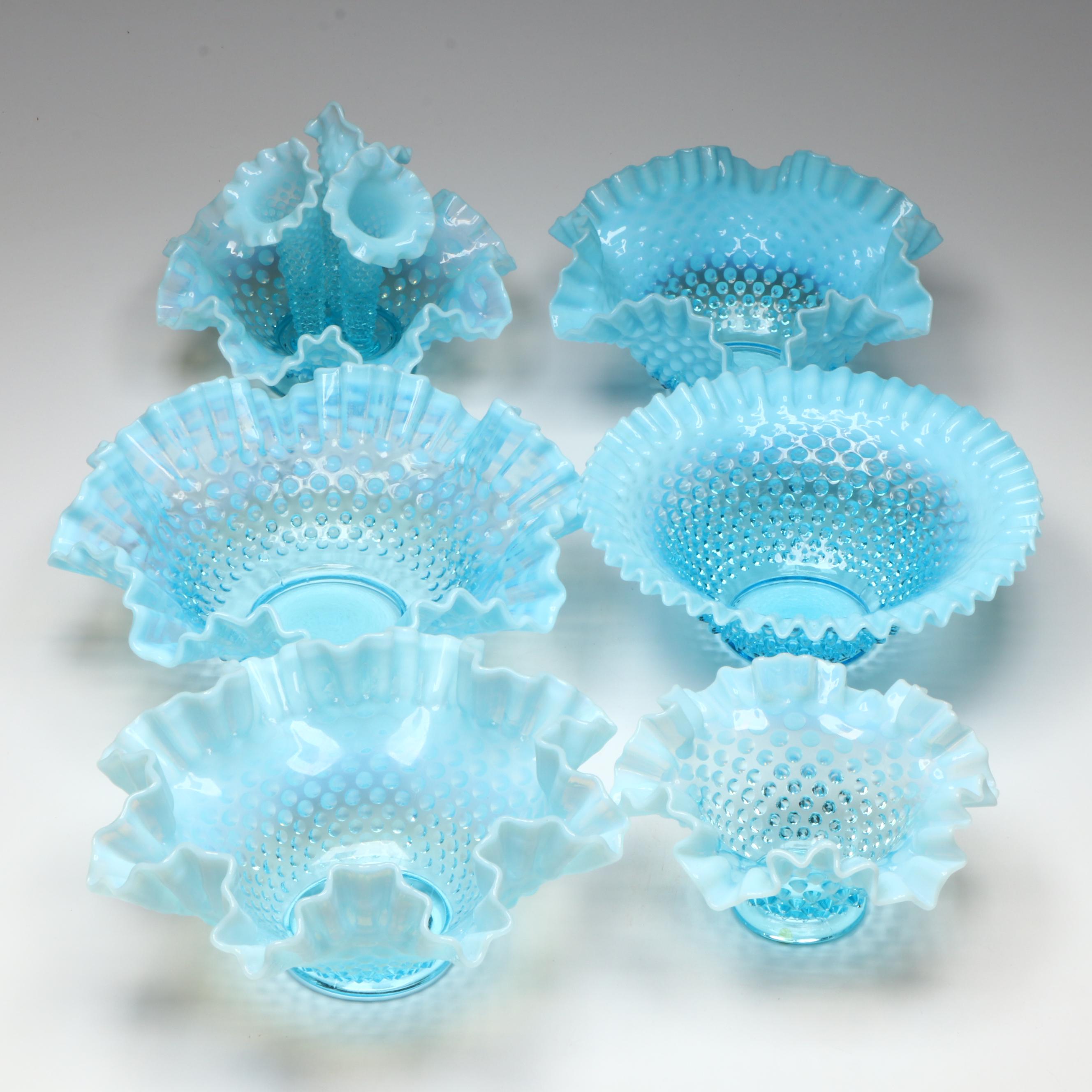 Fenton Hobnail Opalescent Blue Epergne and Ruffle Bowls, Mid-20th Century