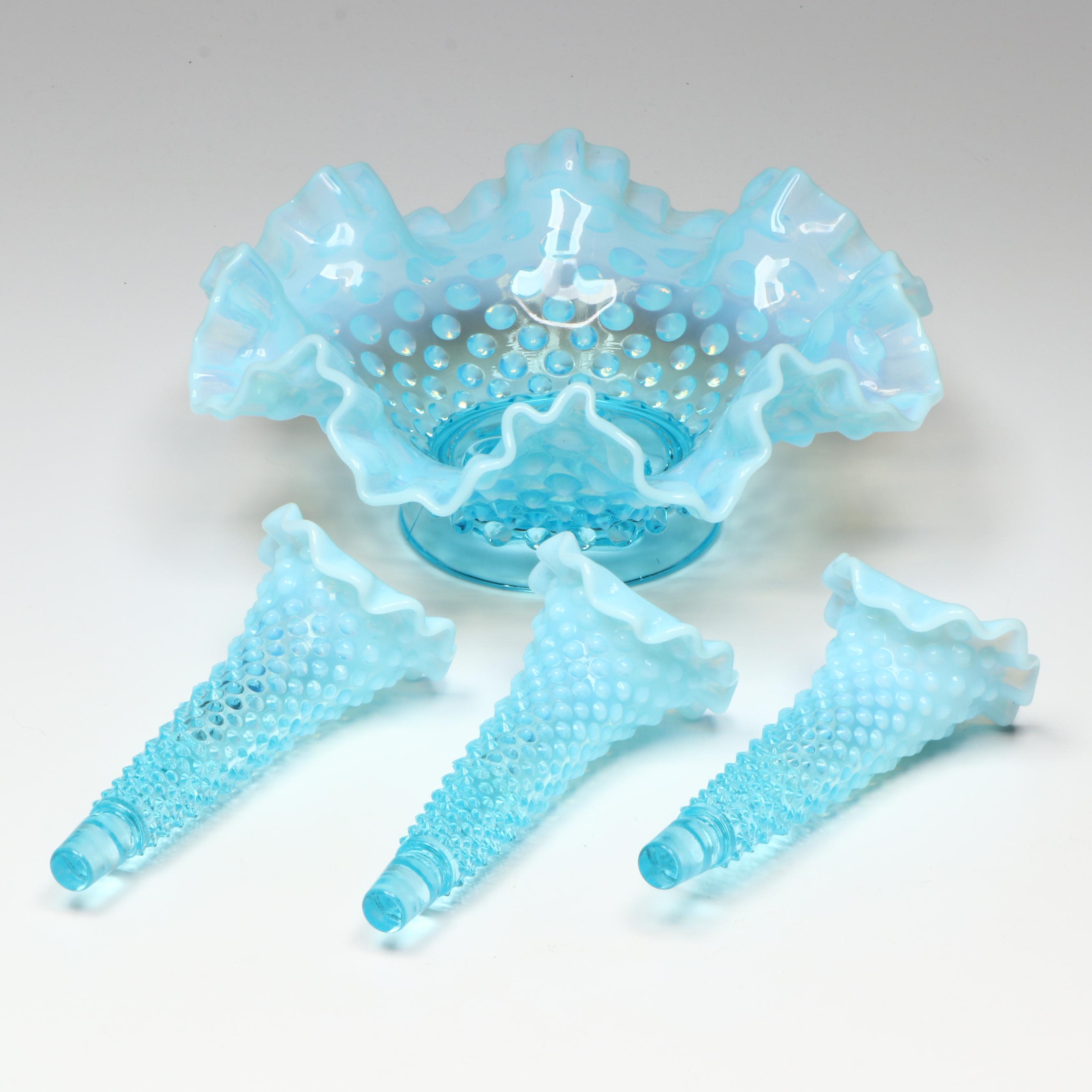 Fenton Hobnail Opalescent Blue Epergne and Ruffle Bowls, Mid-20th Century