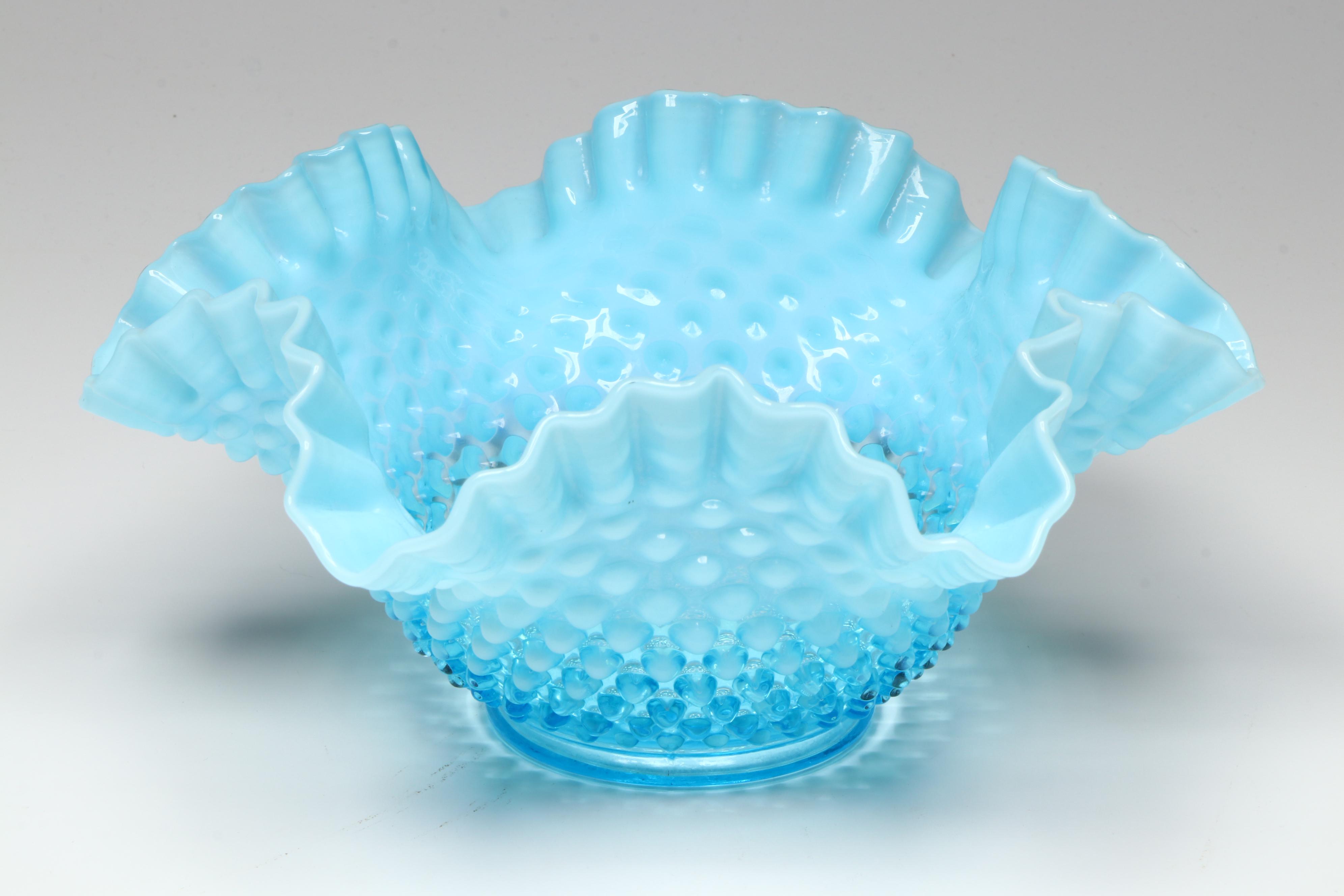 Fenton Hobnail Opalescent Blue Epergne and Ruffle Bowls, Mid-20th Century