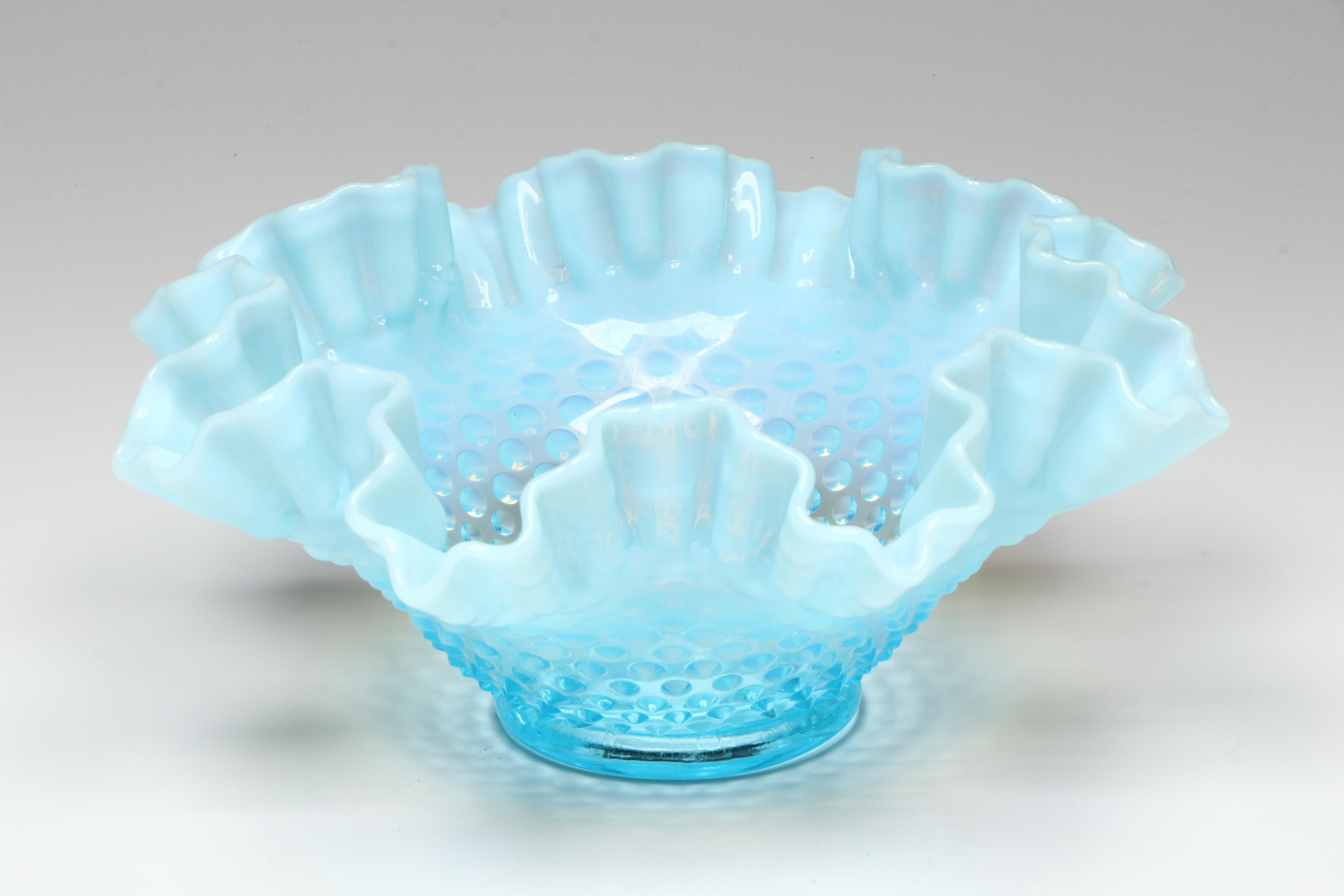Fenton Hobnail Opalescent Blue Epergne and Ruffle Bowls, Mid-20th Century