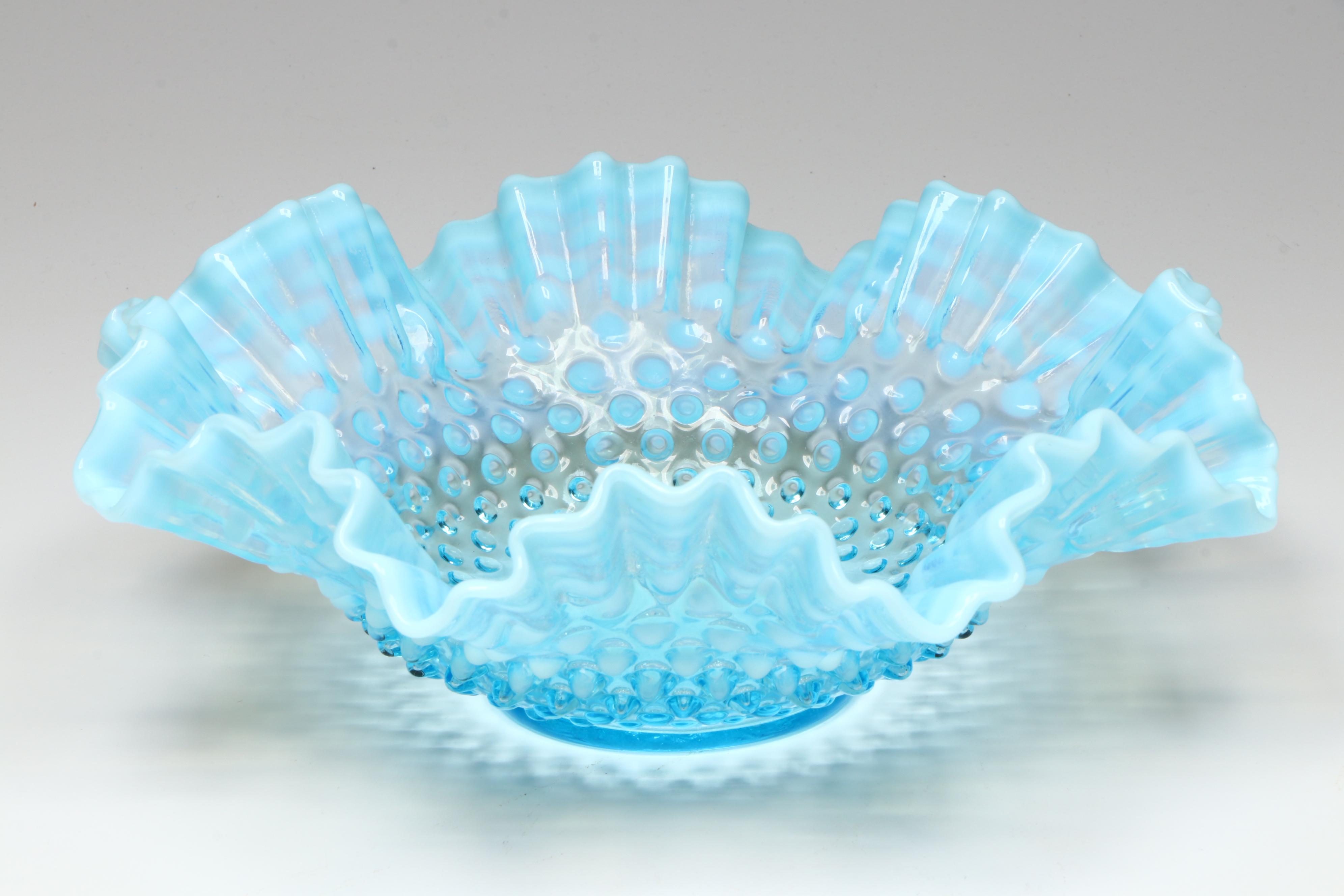 Fenton Hobnail Opalescent Blue Epergne and Ruffle Bowls, Mid-20th Century