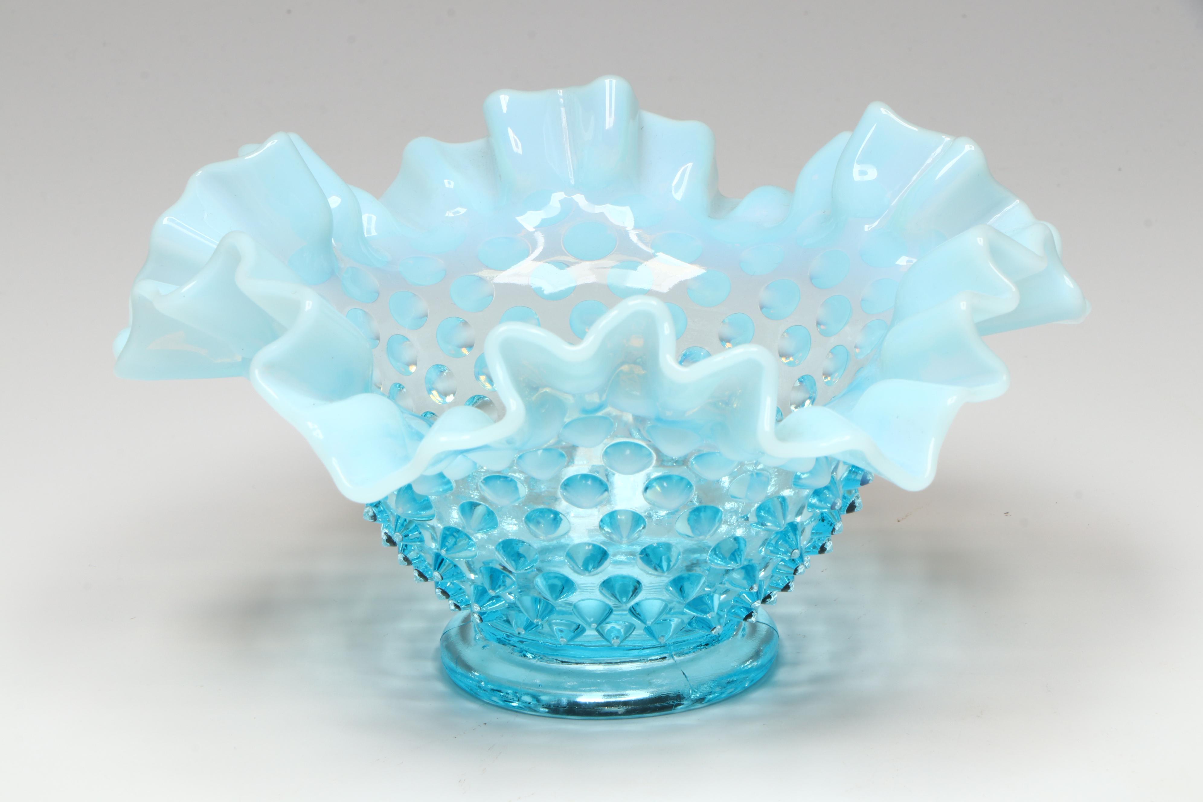 Fenton Hobnail Opalescent Blue Epergne and Ruffle Bowls, Mid-20th Century