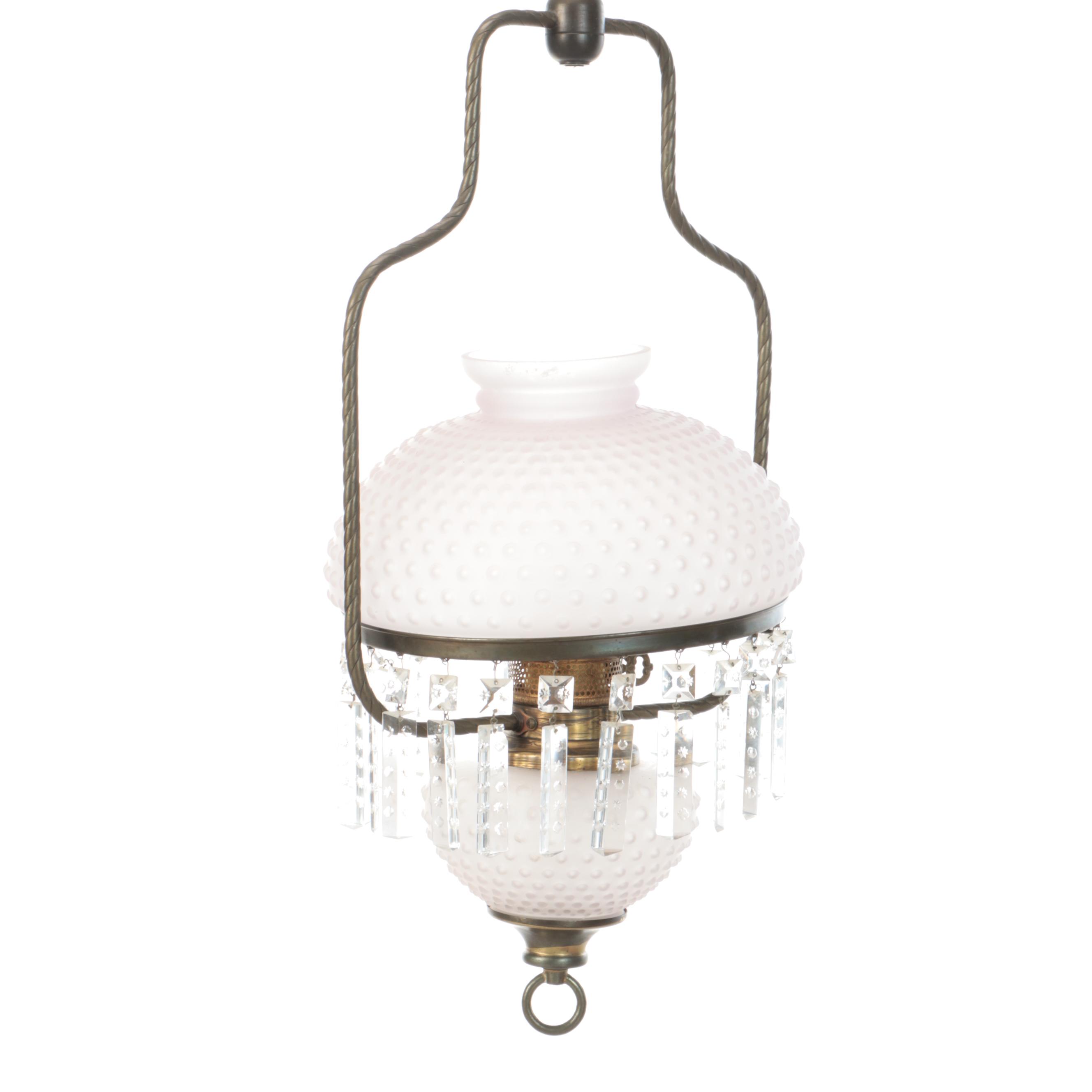 Victorian Hallway Oil Pendant Light, Hobnail Glass Shade & Counterweight Pulley