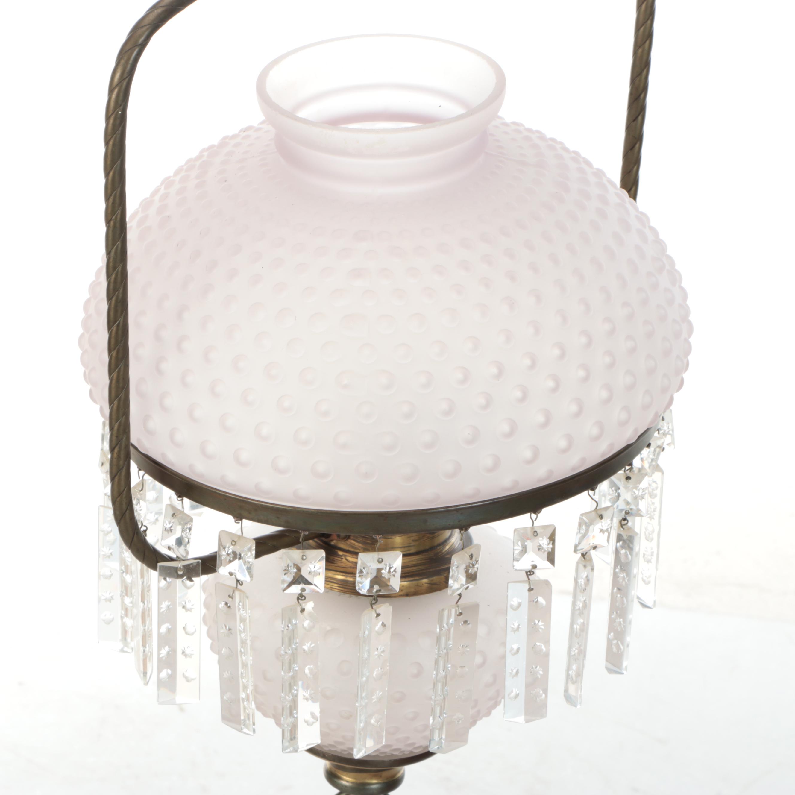 Victorian Hallway Oil Pendant Light, Hobnail Glass Shade & Counterweight Pulley