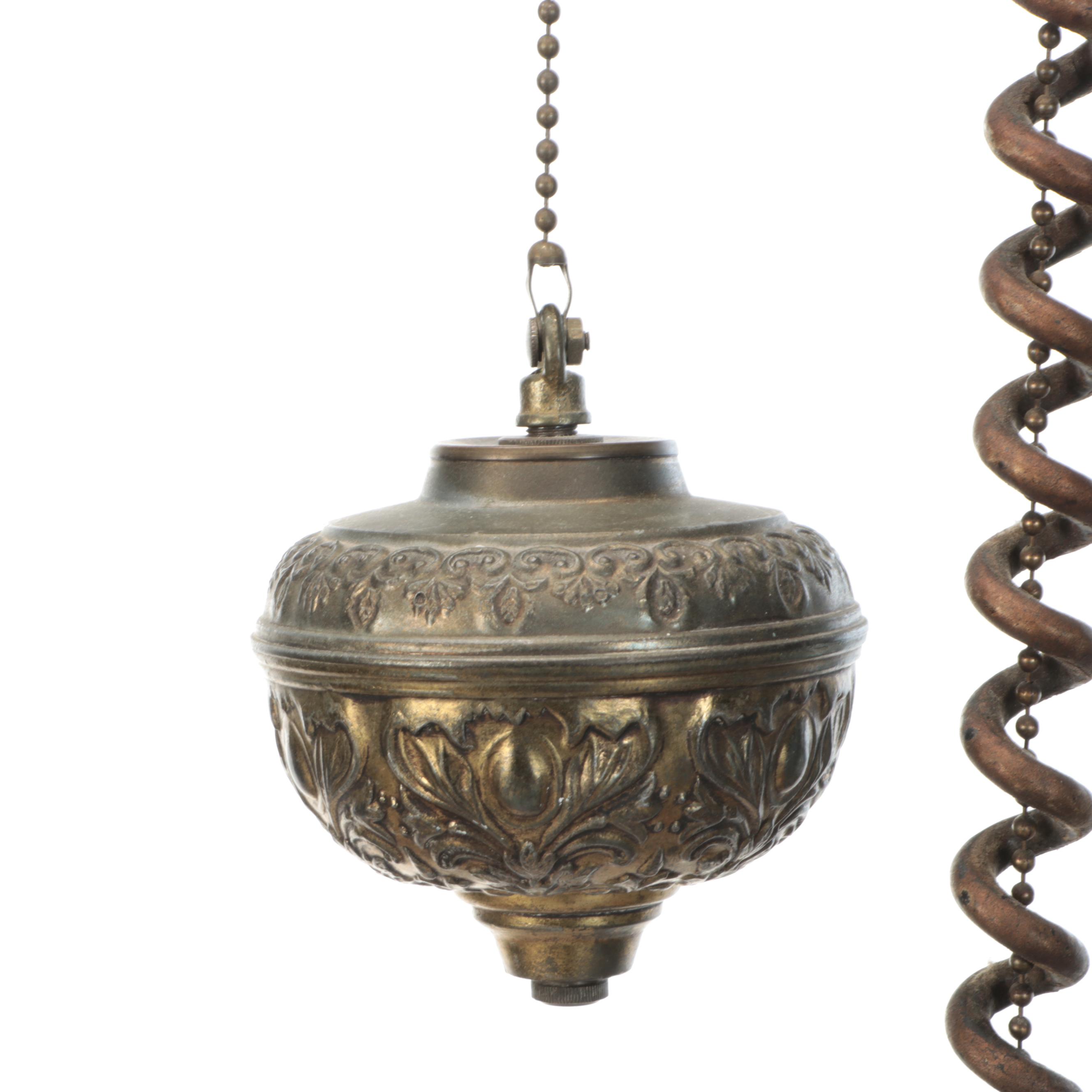 Victorian Hallway Oil Pendant Light, Hobnail Glass Shade & Counterweight Pulley
