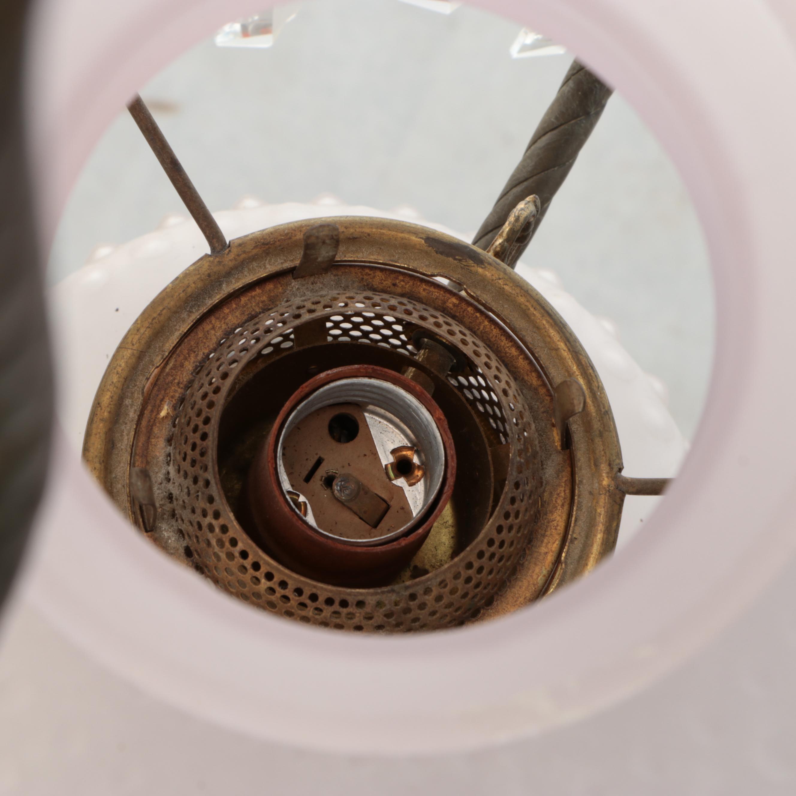 Victorian Hallway Oil Pendant Light, Hobnail Glass Shade & Counterweight Pulley