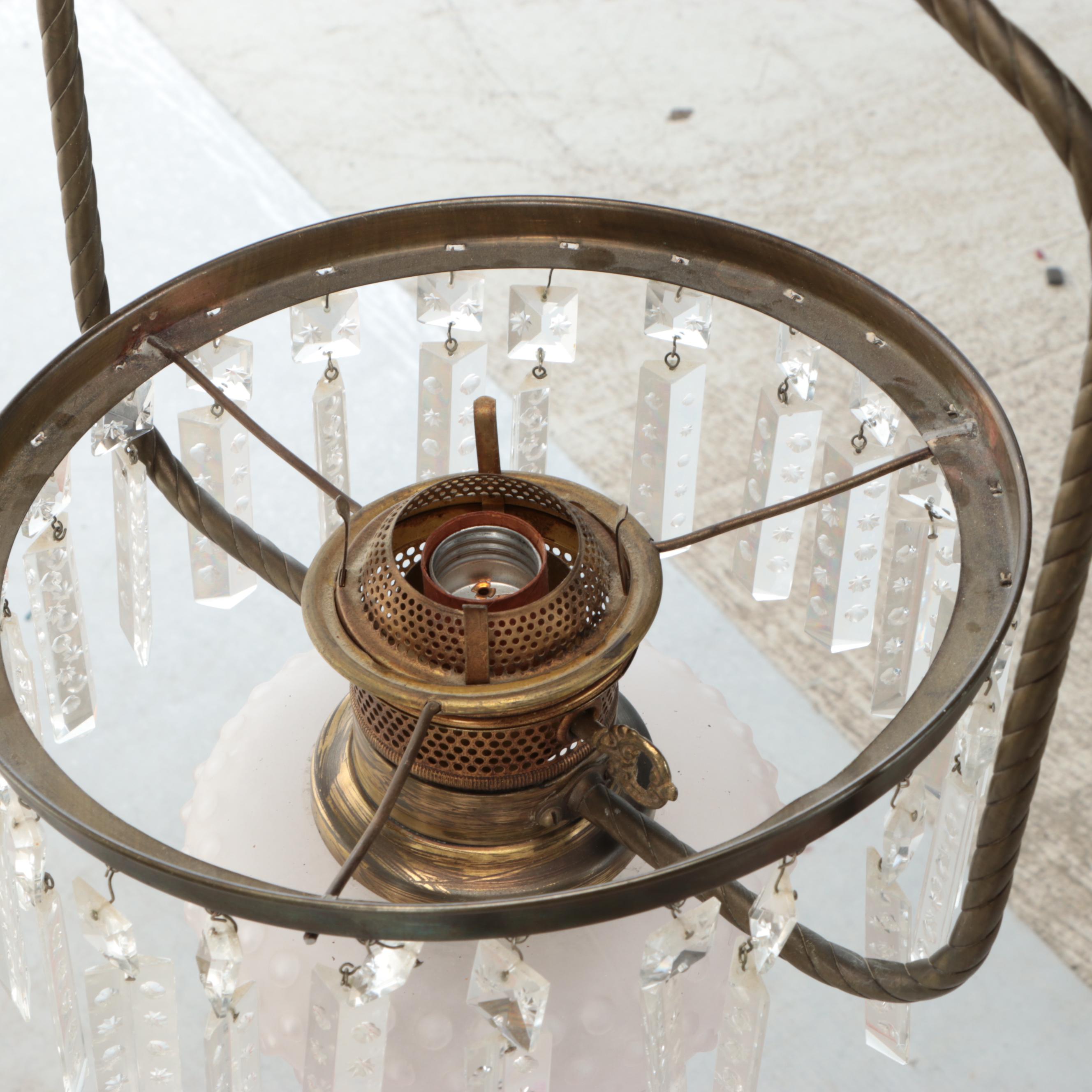 Victorian Hallway Oil Pendant Light, Hobnail Glass Shade & Counterweight Pulley