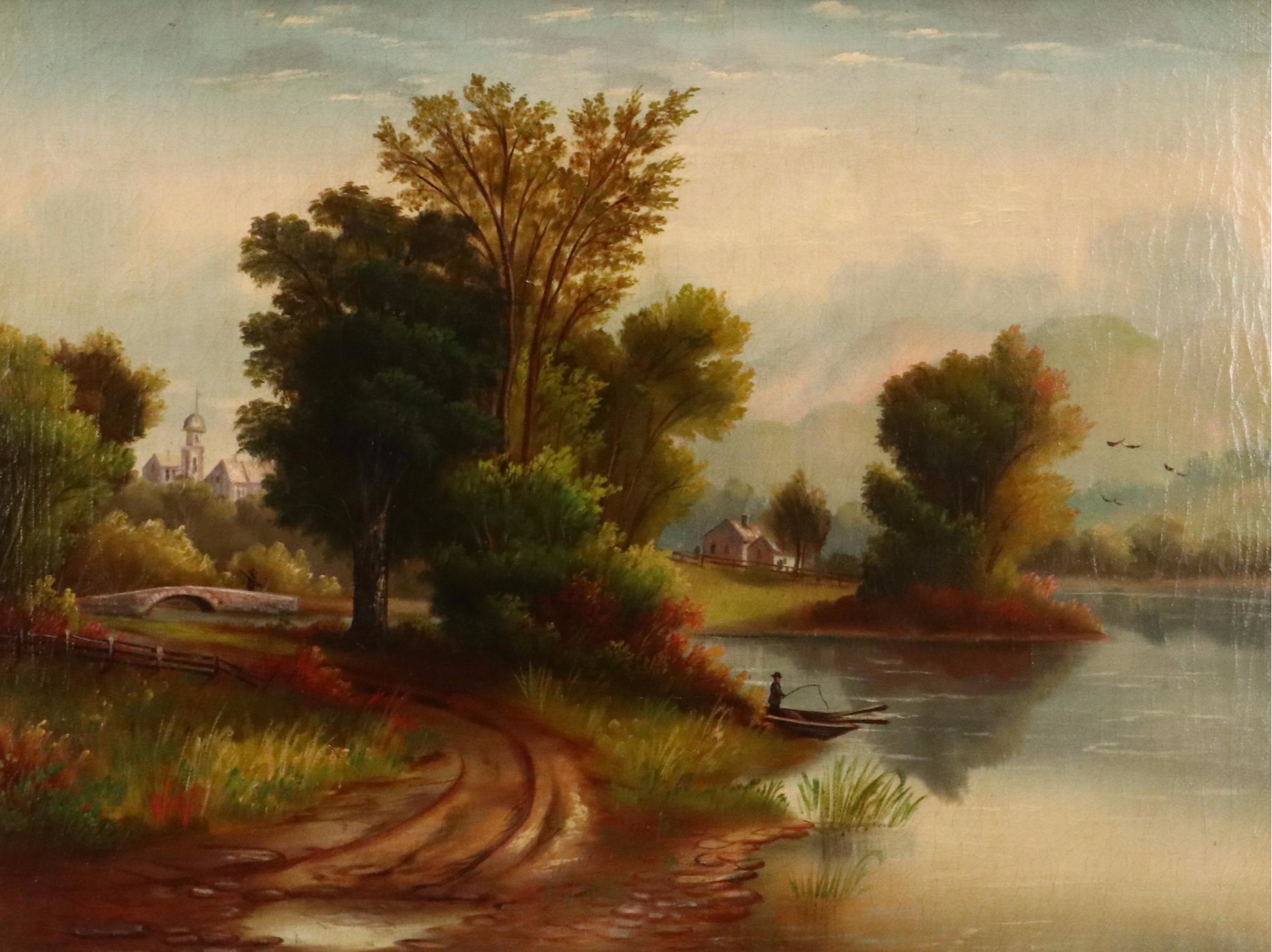 Ben Brinx Oil Painting of River Landscape with Fisherman