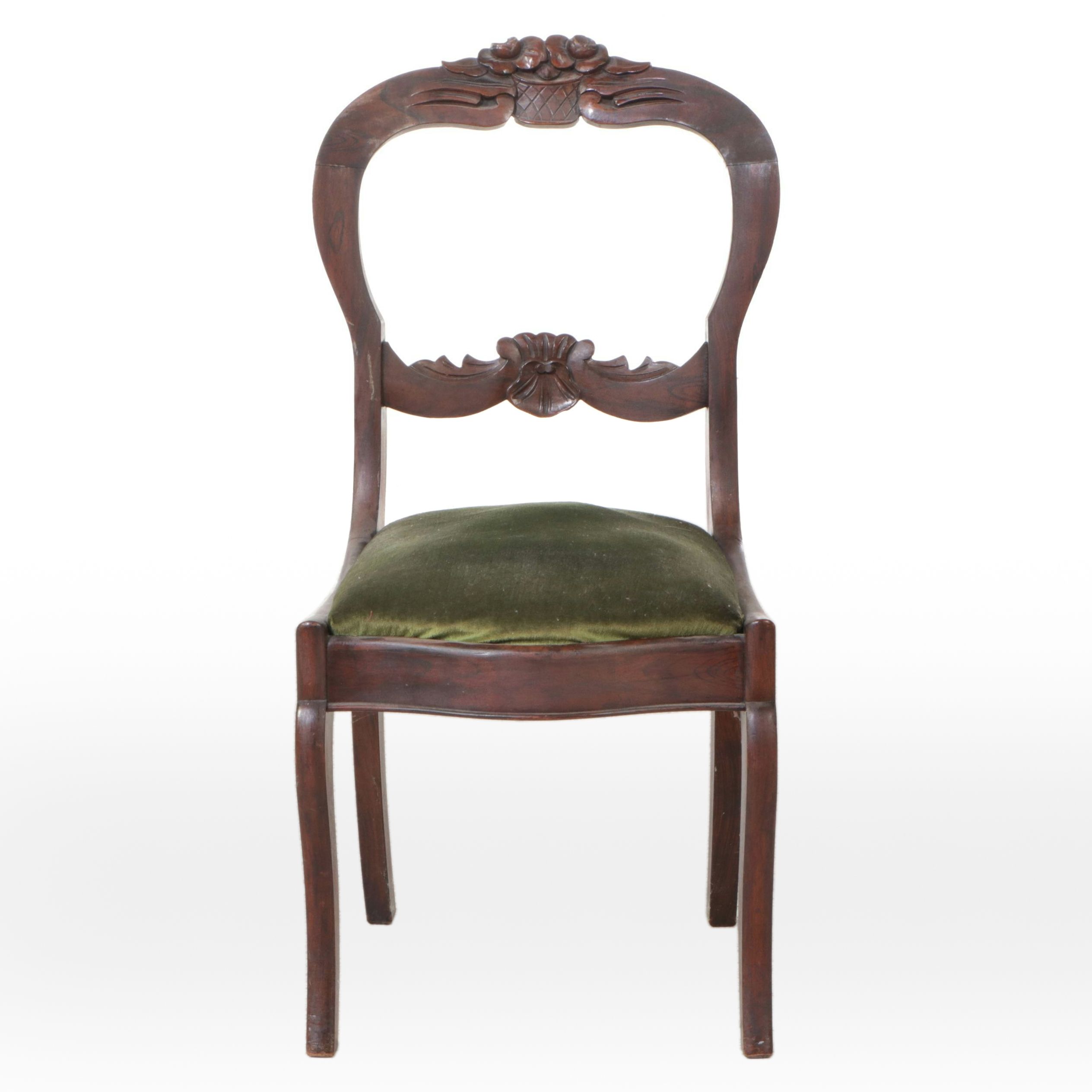 Victorian Carved Walnut Balloon-Back Side Chair with Green Velvet Seat