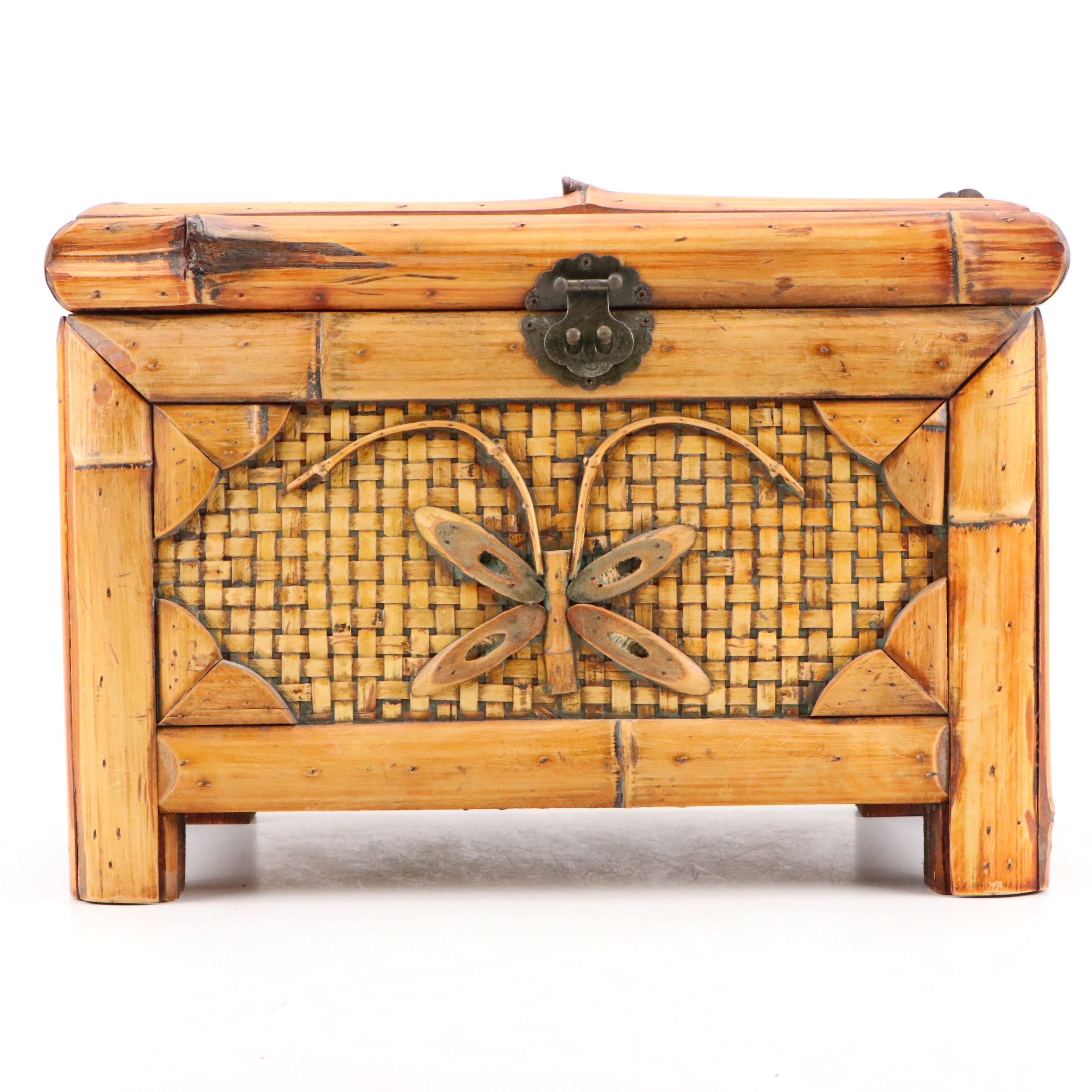 Handmade Bamboo and Rattan Chest with Butterfly Motif