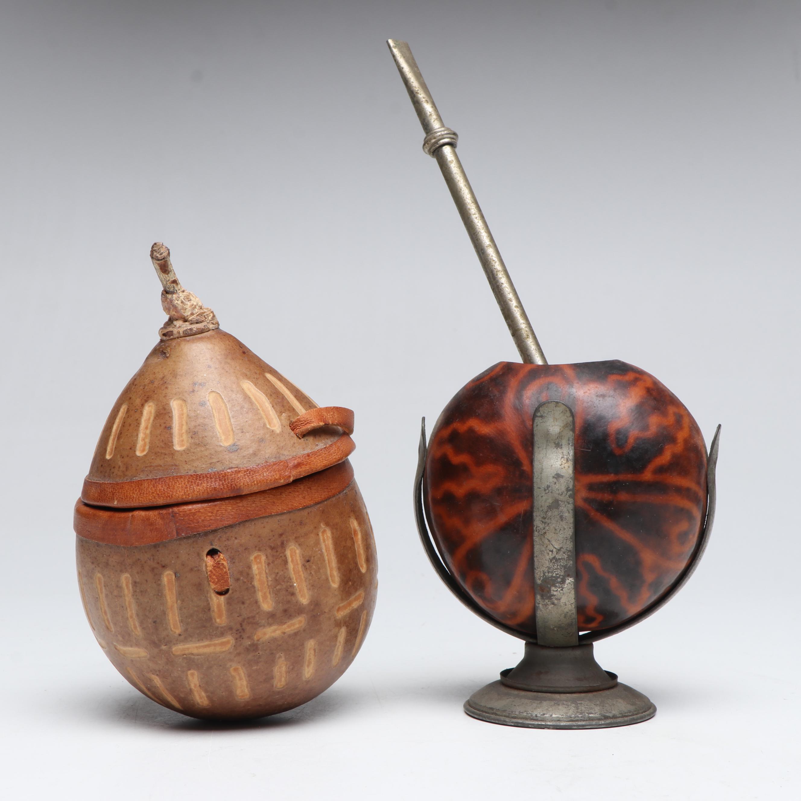 Yerba Mate Gourd, Spoon and Container with Sake Decanter and Cups