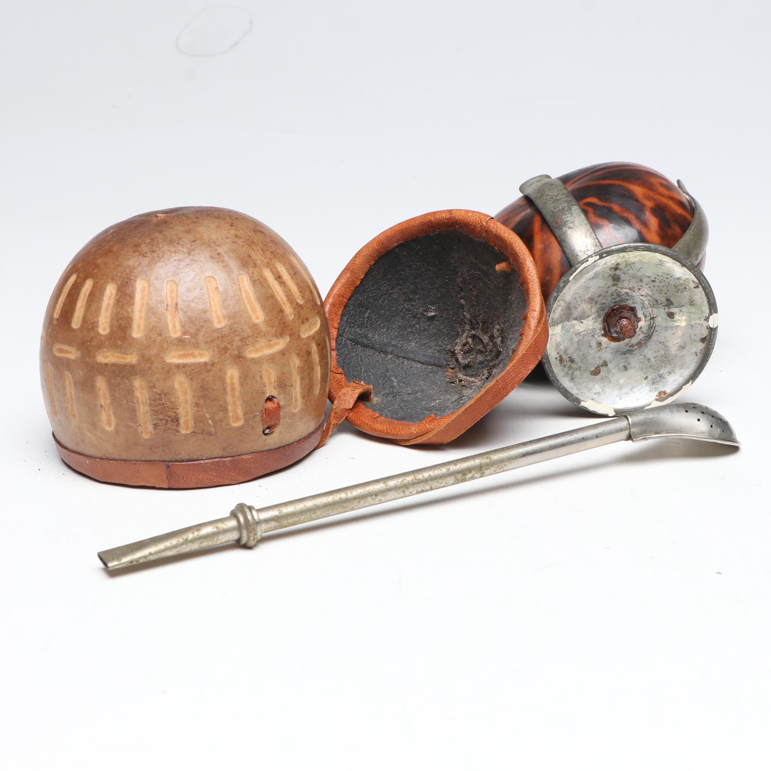 Yerba Mate Gourd, Spoon and Container with Sake Decanter and Cups