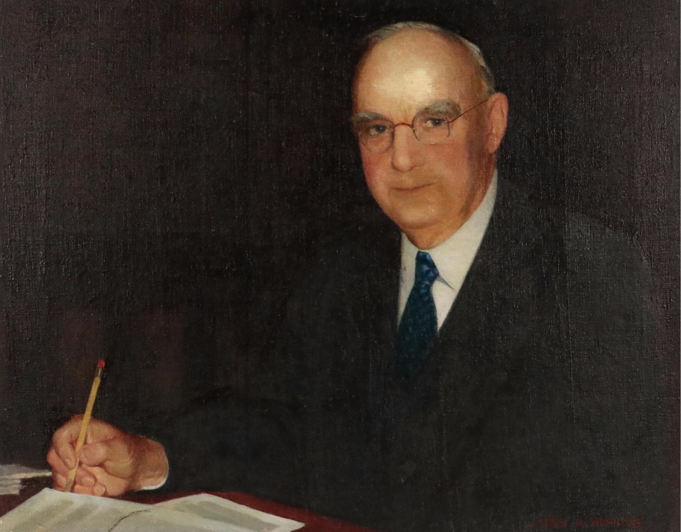 James R. Hopkins Oil Painting Portrait of Businessman with Pencil