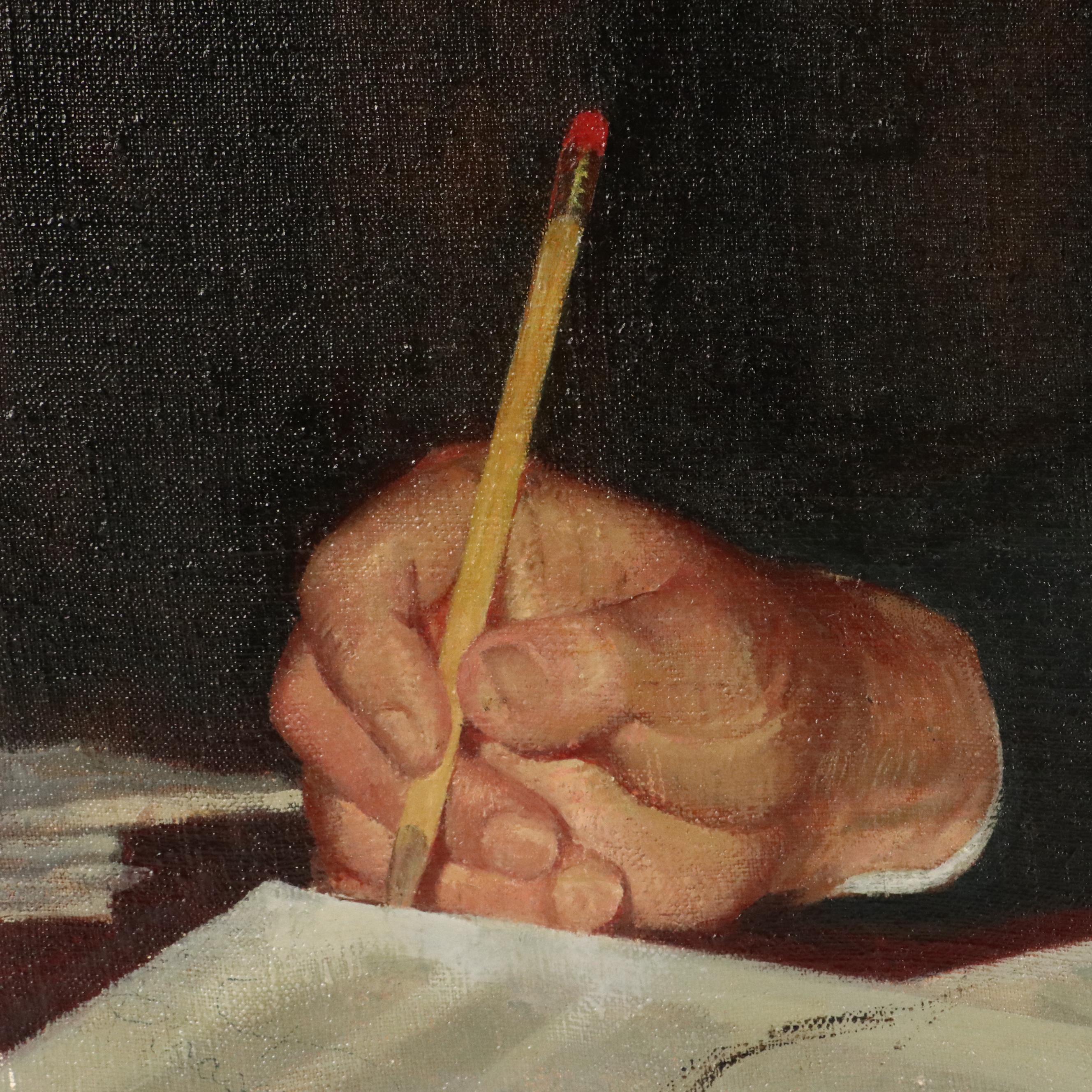 James R. Hopkins Oil Painting Portrait of Businessman with Pencil