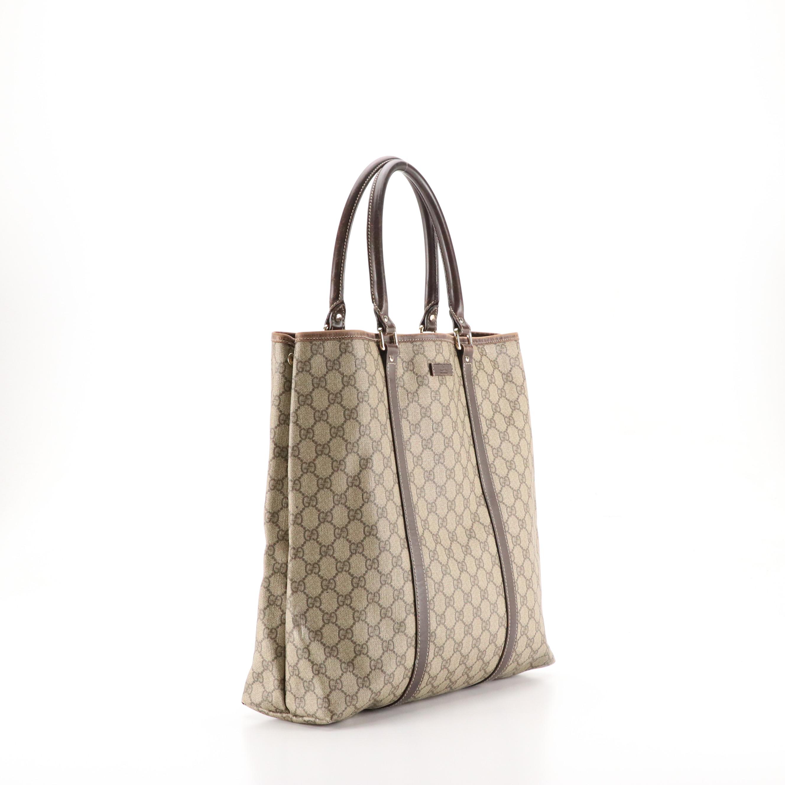 Gucci Vertical Joy Tote in GG Supreme Canvas and Dark Brown Leather Trim
