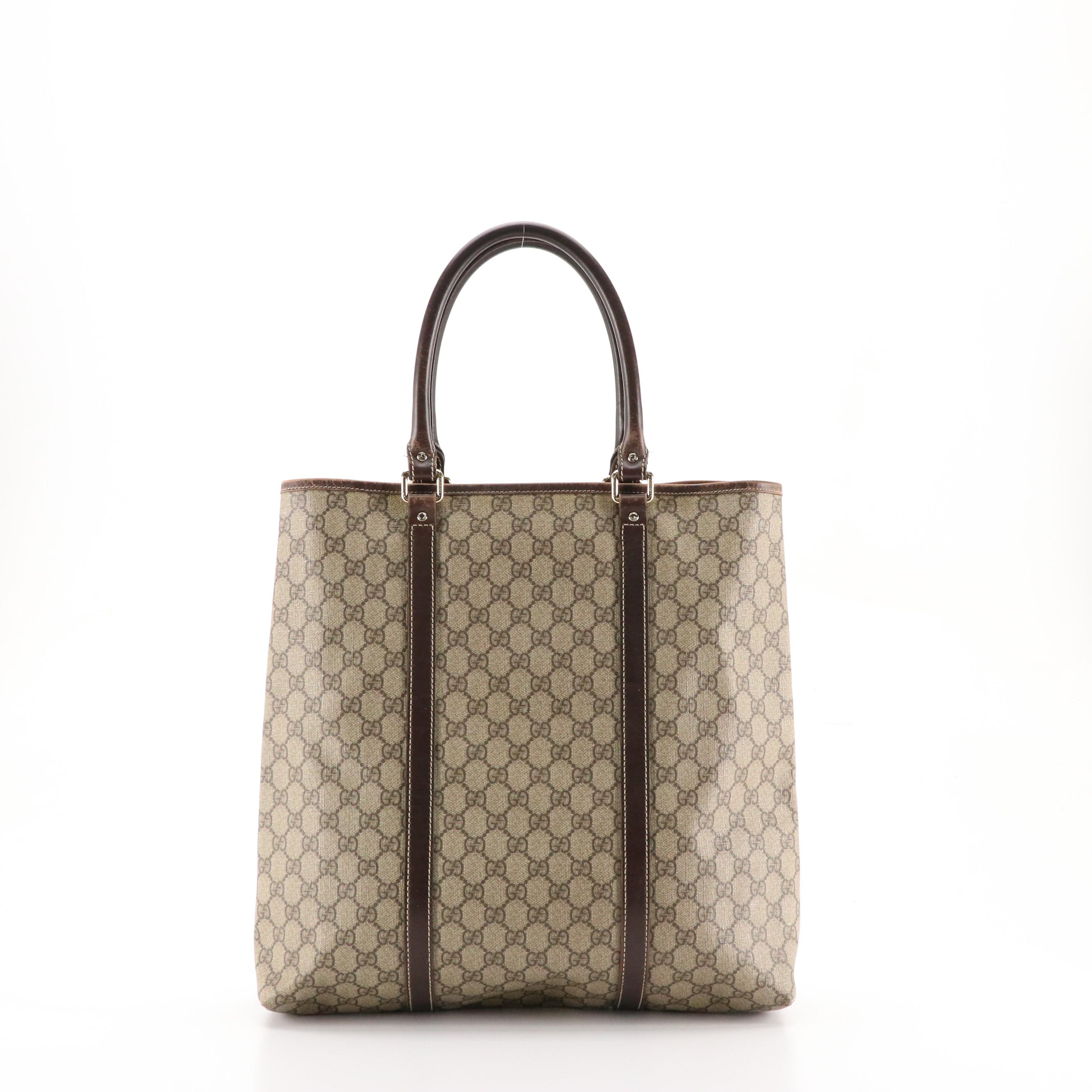 Gucci Vertical Joy Tote in GG Supreme Canvas and Dark Brown Leather Trim