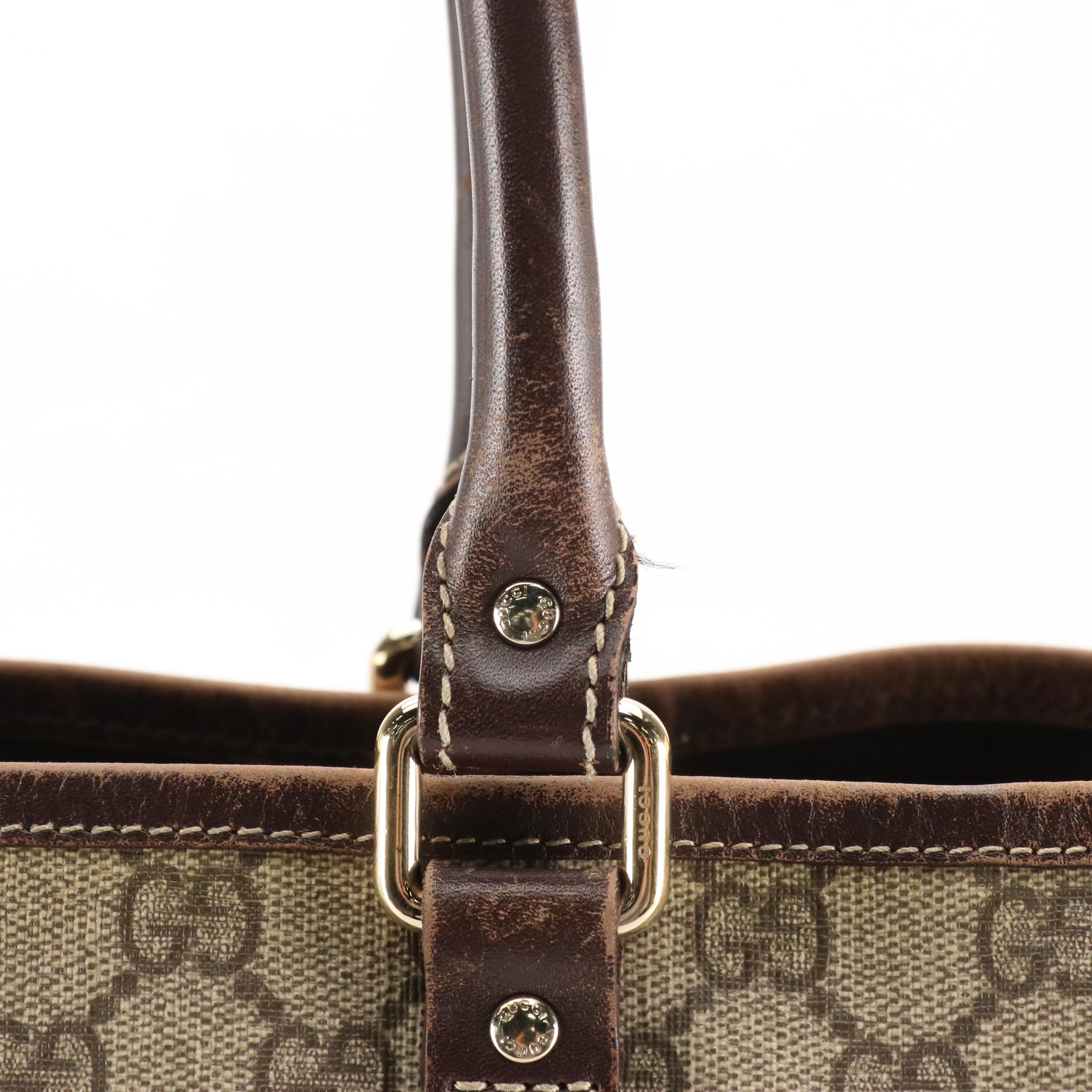 Gucci Vertical Joy Tote in GG Supreme Canvas and Dark Brown Leather Trim