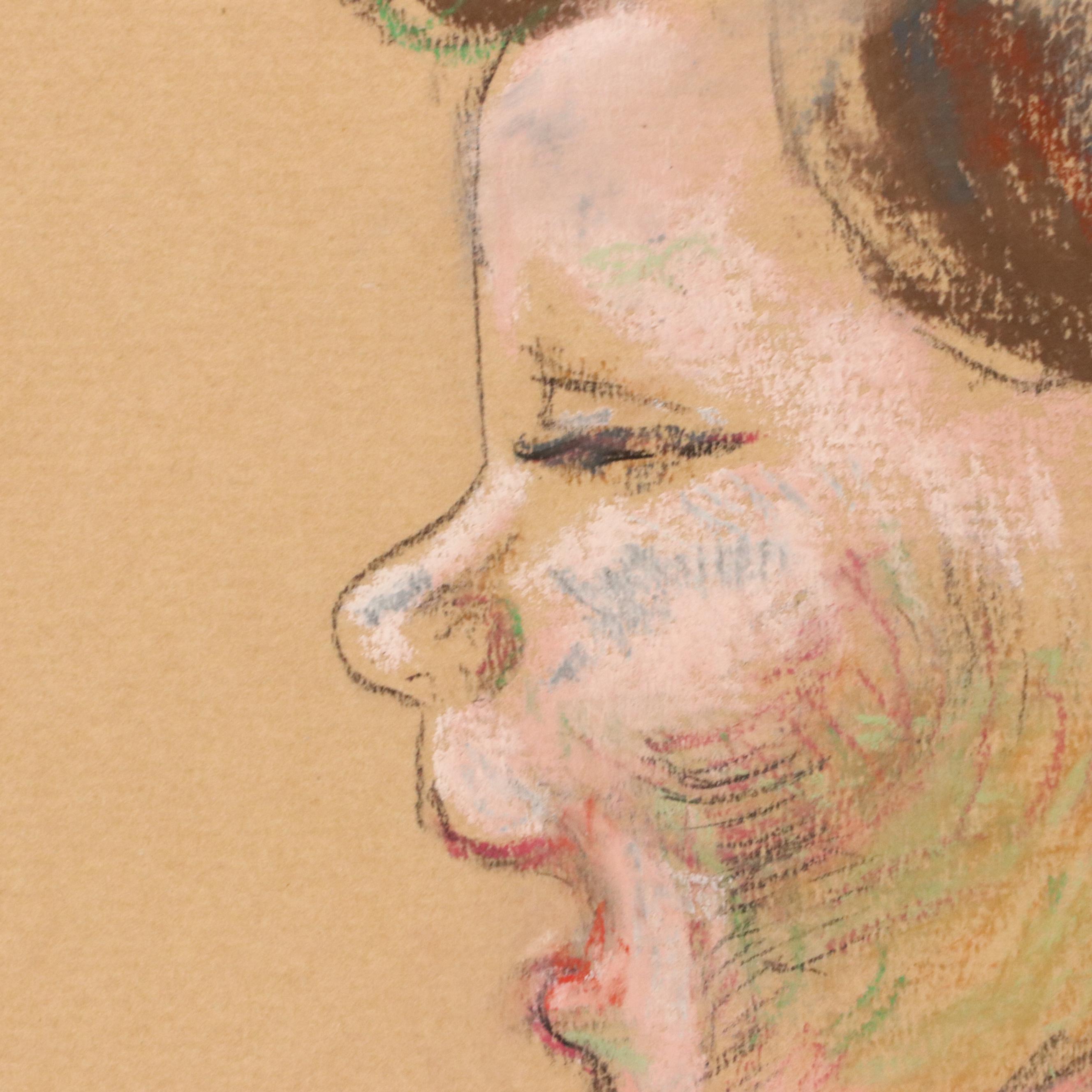 Herbert Barnett Chalk Pastel Portrait Drawing of Child in Profile