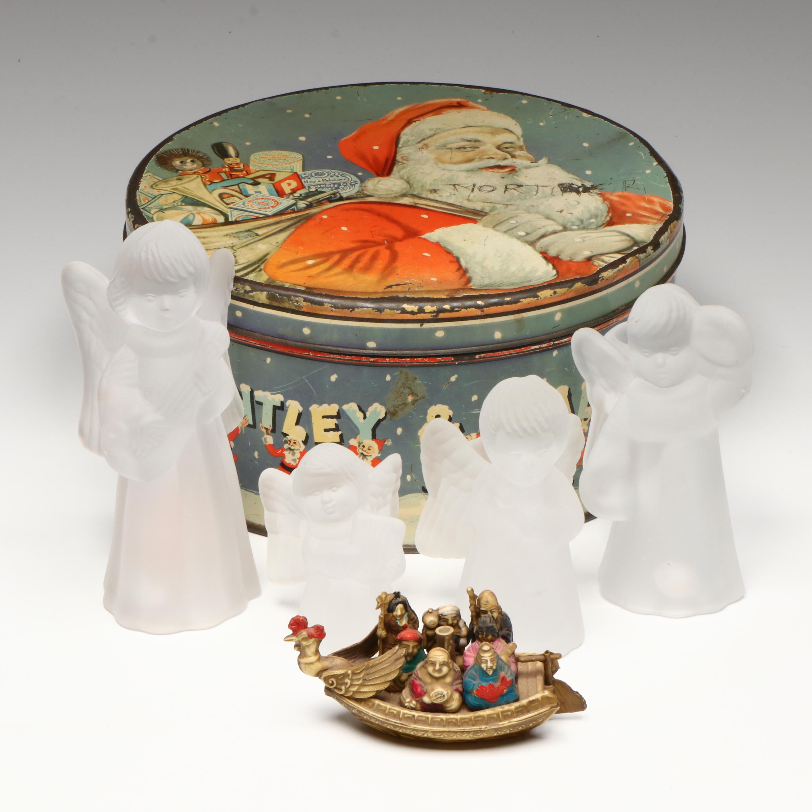 Angel Frosted Glass Candle Holders with Santa Cookie Tin and Figurine