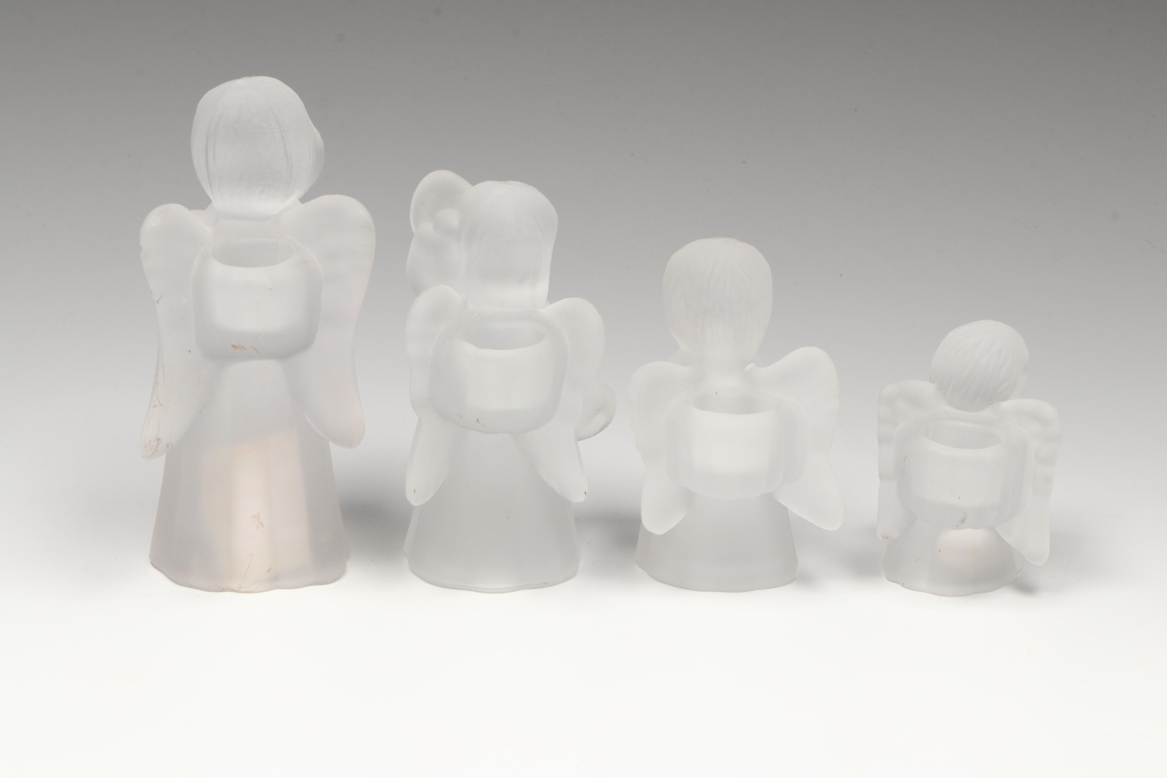 Angel Frosted Glass Candle Holders with Santa Cookie Tin and Figurine