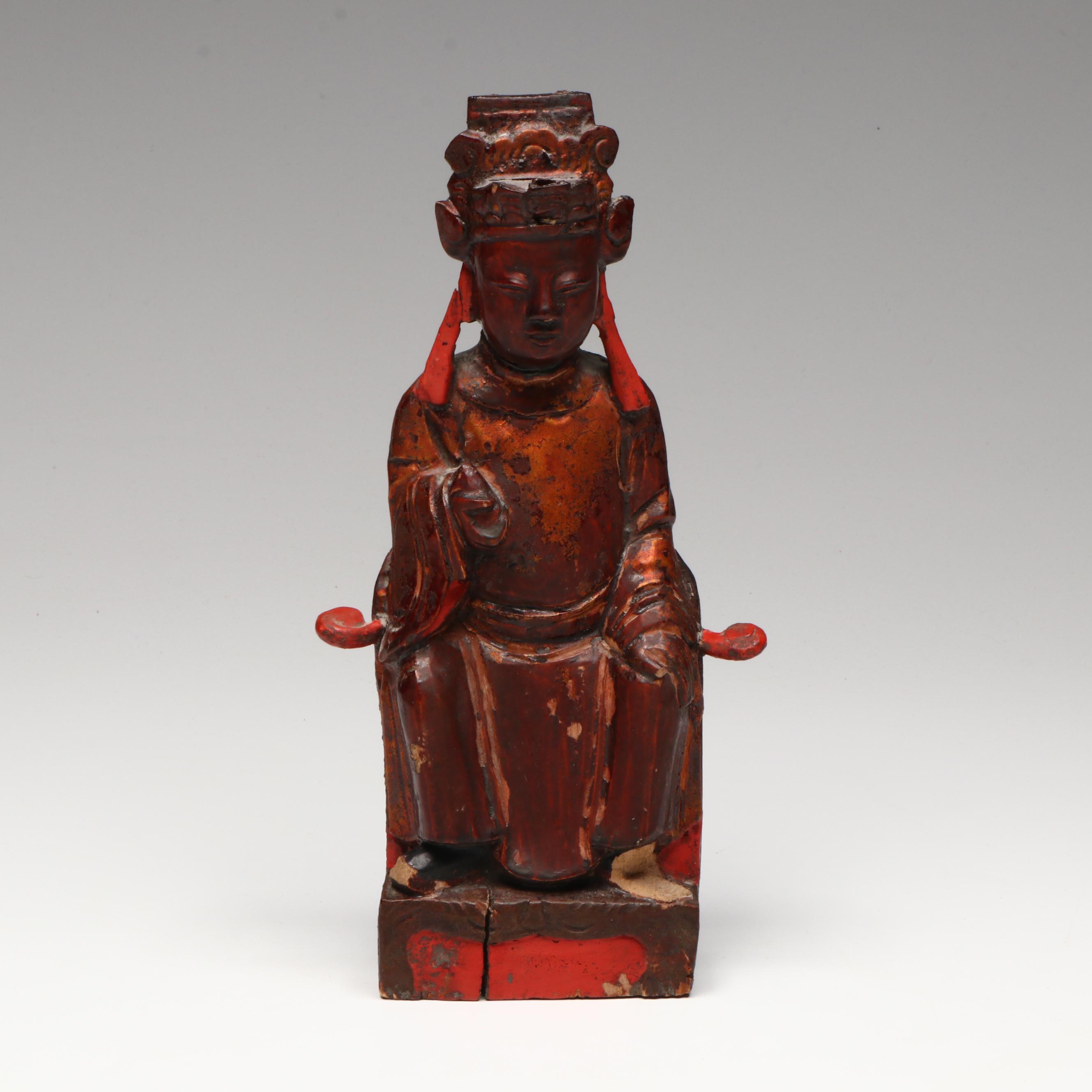 Antique/Vintage Chinese Red Lacquered and Gilt Carved Taoist Deity
