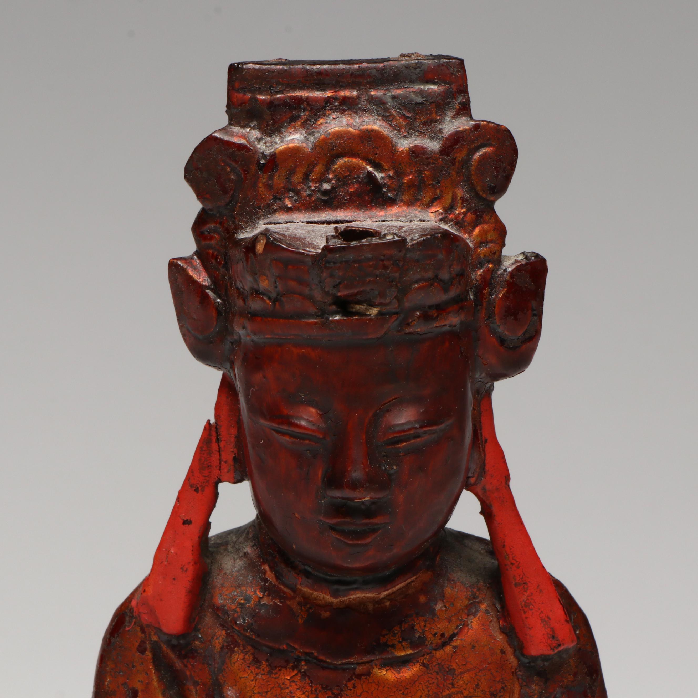 Antique/Vintage Chinese Red Lacquered and Gilt Carved Taoist Deity