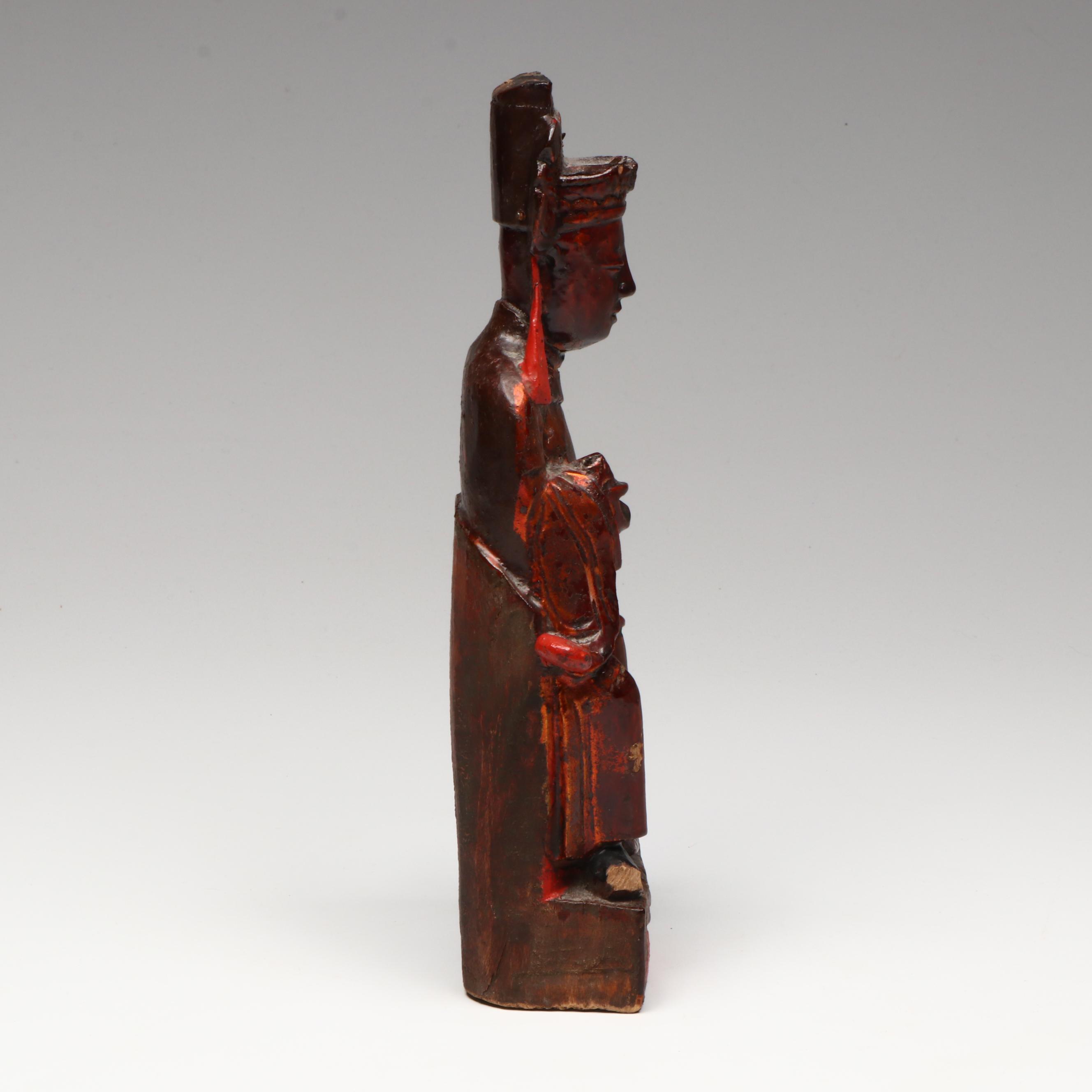 Antique/Vintage Chinese Red Lacquered and Gilt Carved Taoist Deity