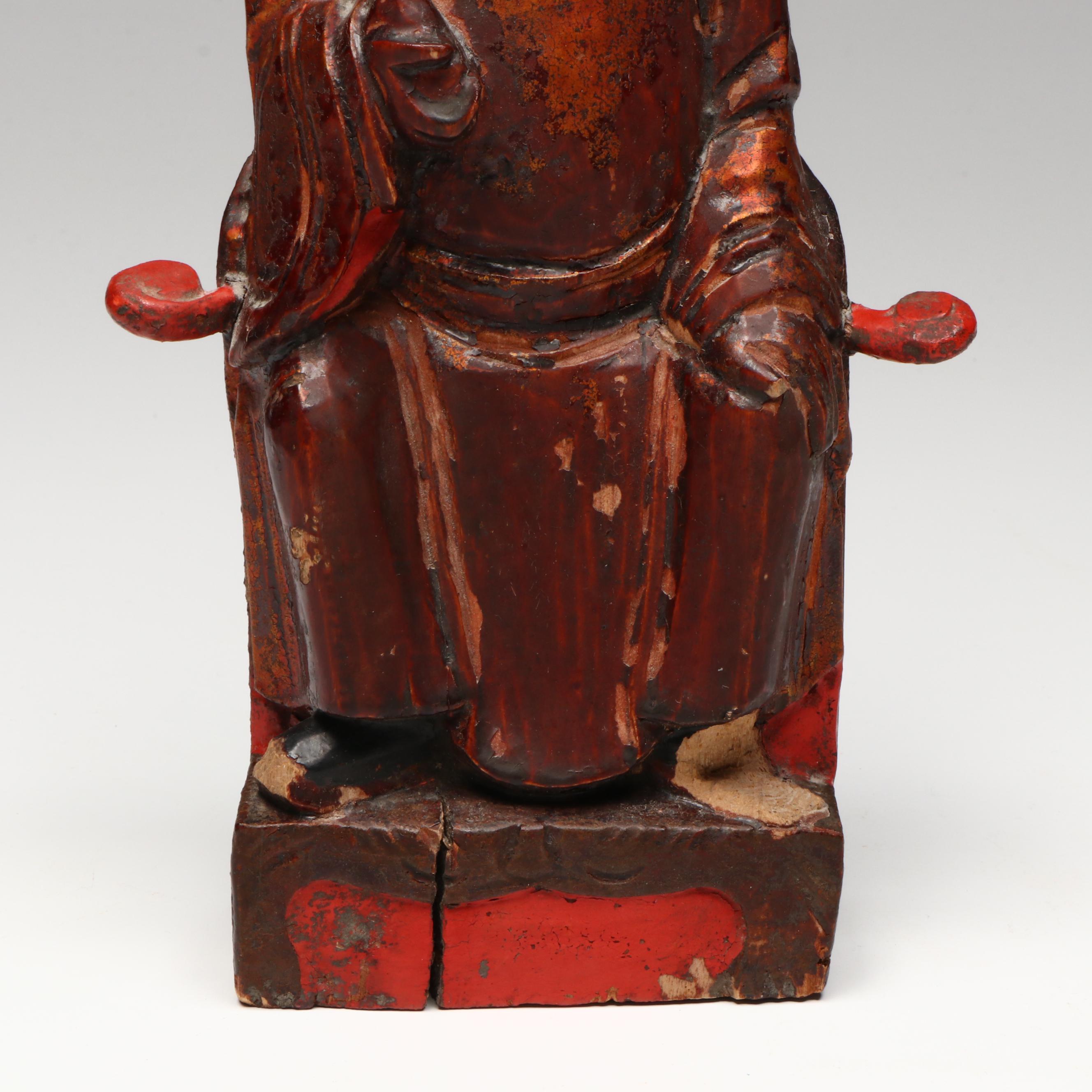 Antique/Vintage Chinese Red Lacquered and Gilt Carved Taoist Deity