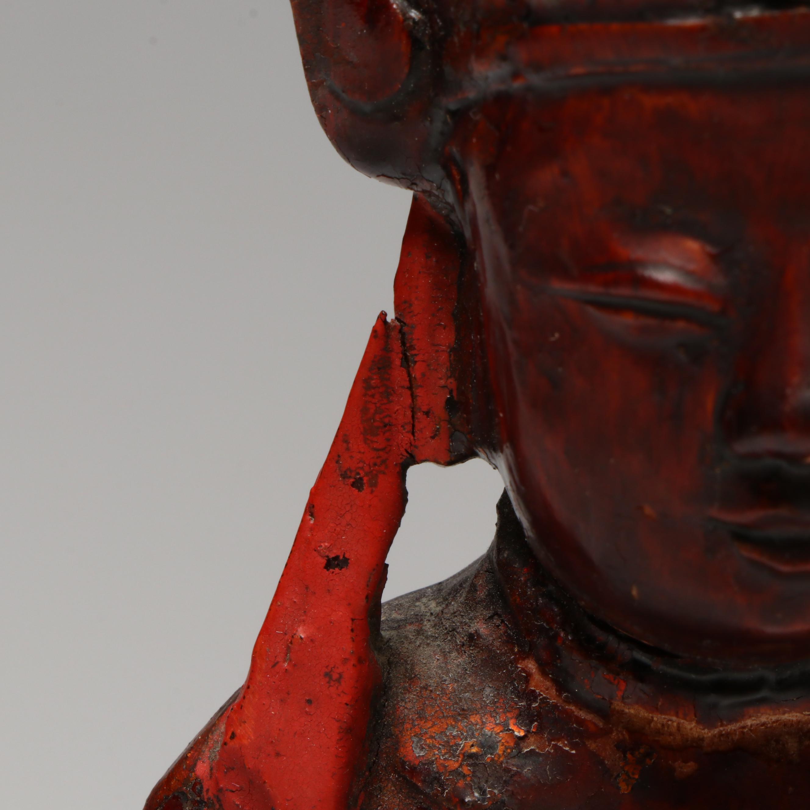 Antique/Vintage Chinese Red Lacquered and Gilt Carved Taoist Deity