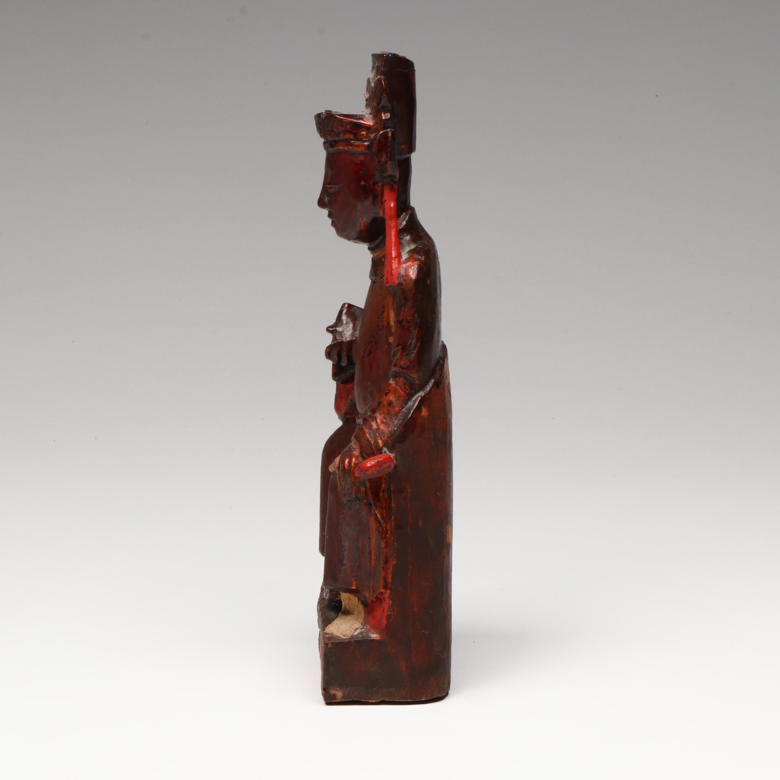 Antique/Vintage Chinese Red Lacquered and Gilt Carved Taoist Deity